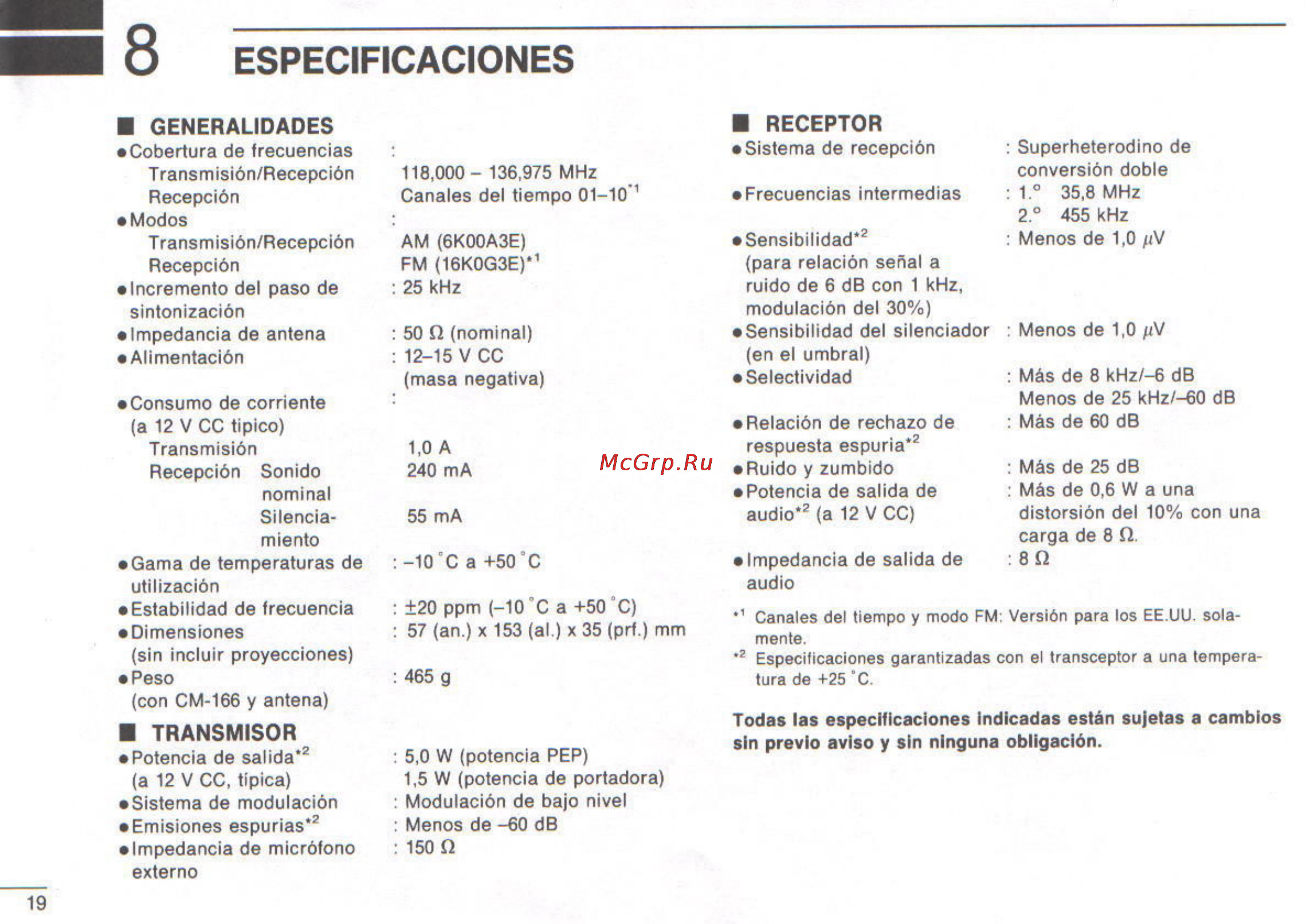 Icom IC-A3 [44/47] Especificaciones