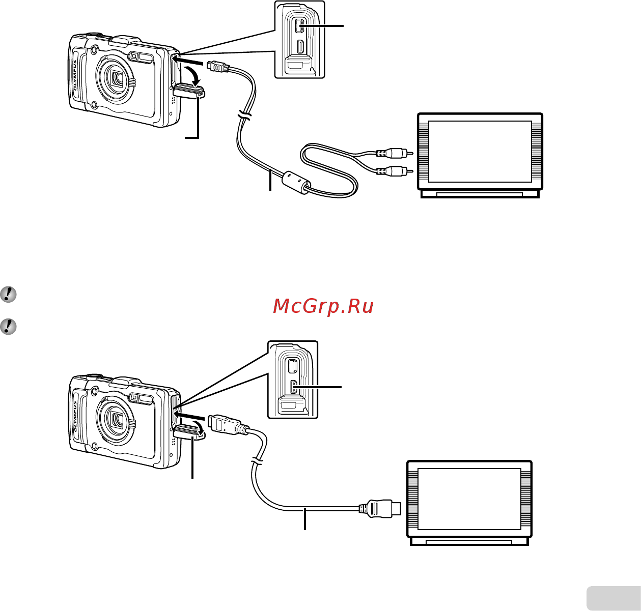 Olympus TG-1 Silver [49/85] Подключение с помощью кабеля hdmi 1 на фотокамере выберите формат цифрового сигнала который будет подсоединен 480p 576p 720p 1080i 2 соедините телевизор и фотокамеру 3 включите телевизор и измените гнездо input на video входное гнездо подсоединяемое к фотокамере 4 включите камеру и используйте fghi чтобы выбрать изображение для воспроизведения