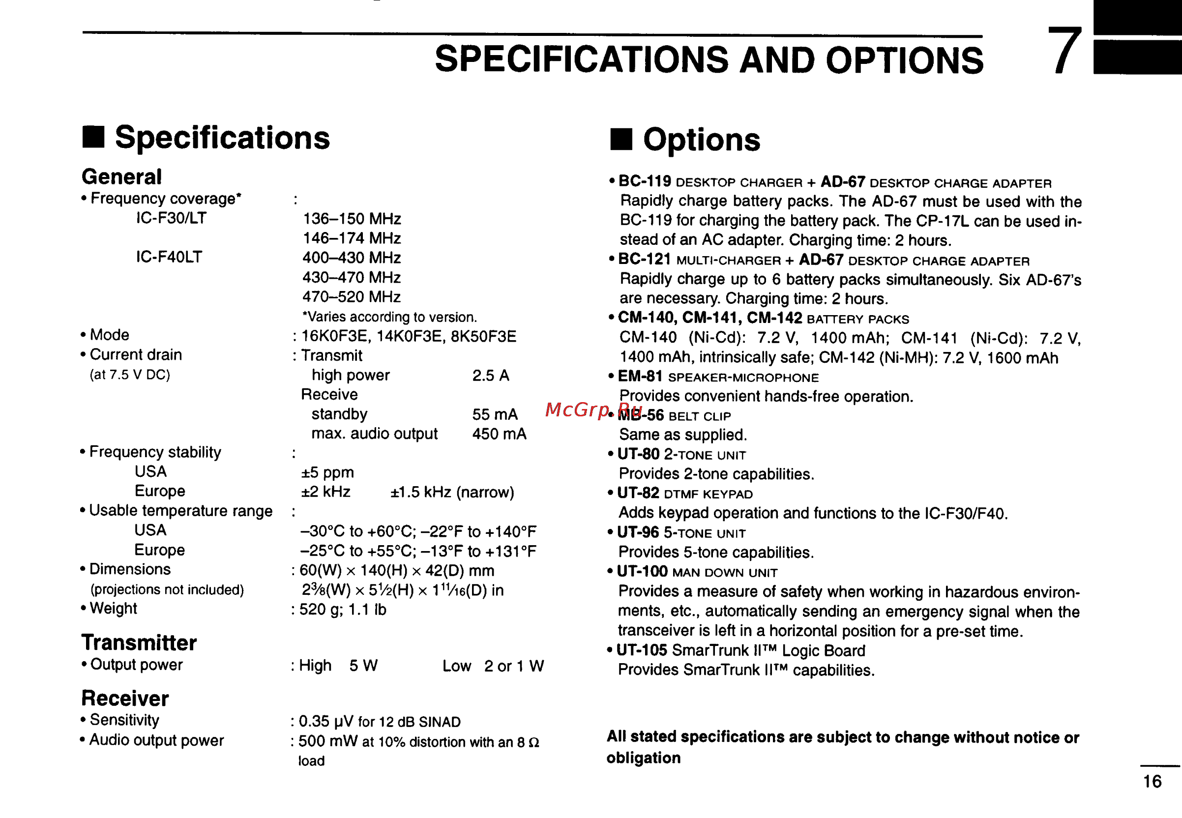 Icom IC-F40LT [19/20] Specifications and options