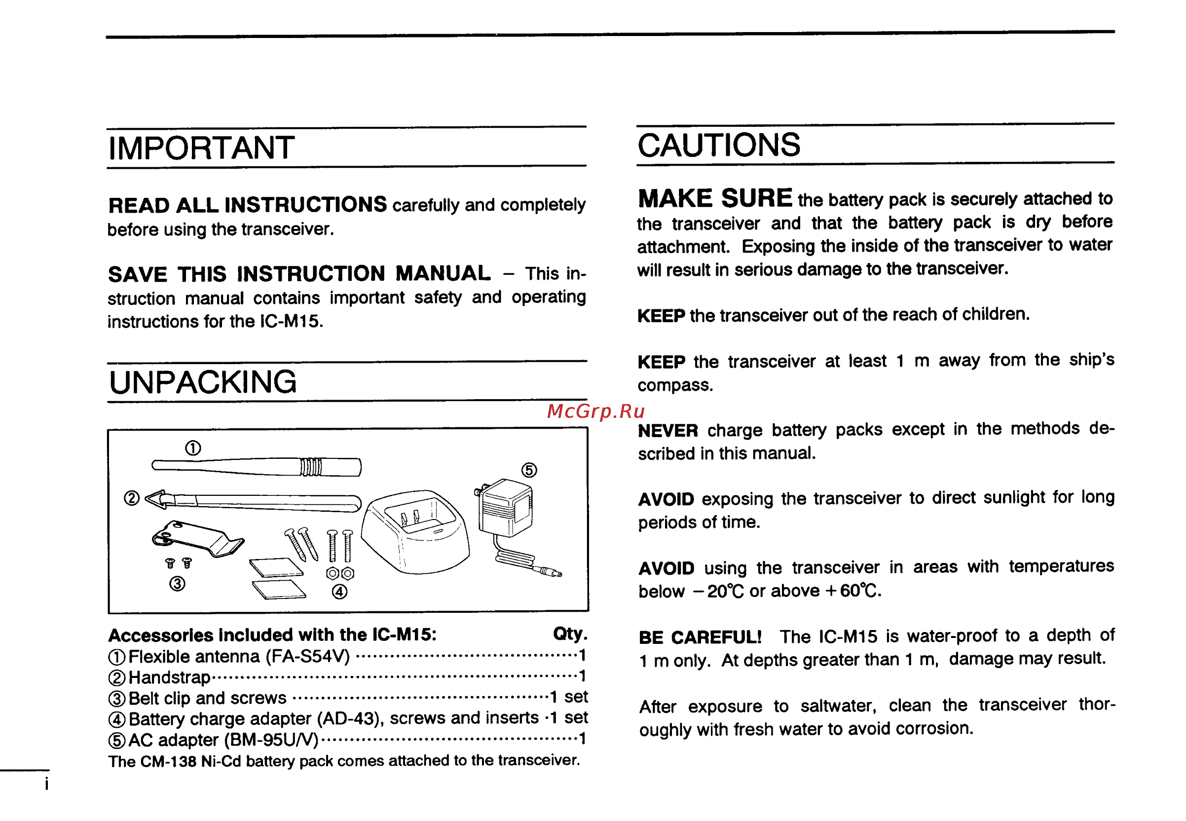 Icom IC-M15 [2/24] Important cautions