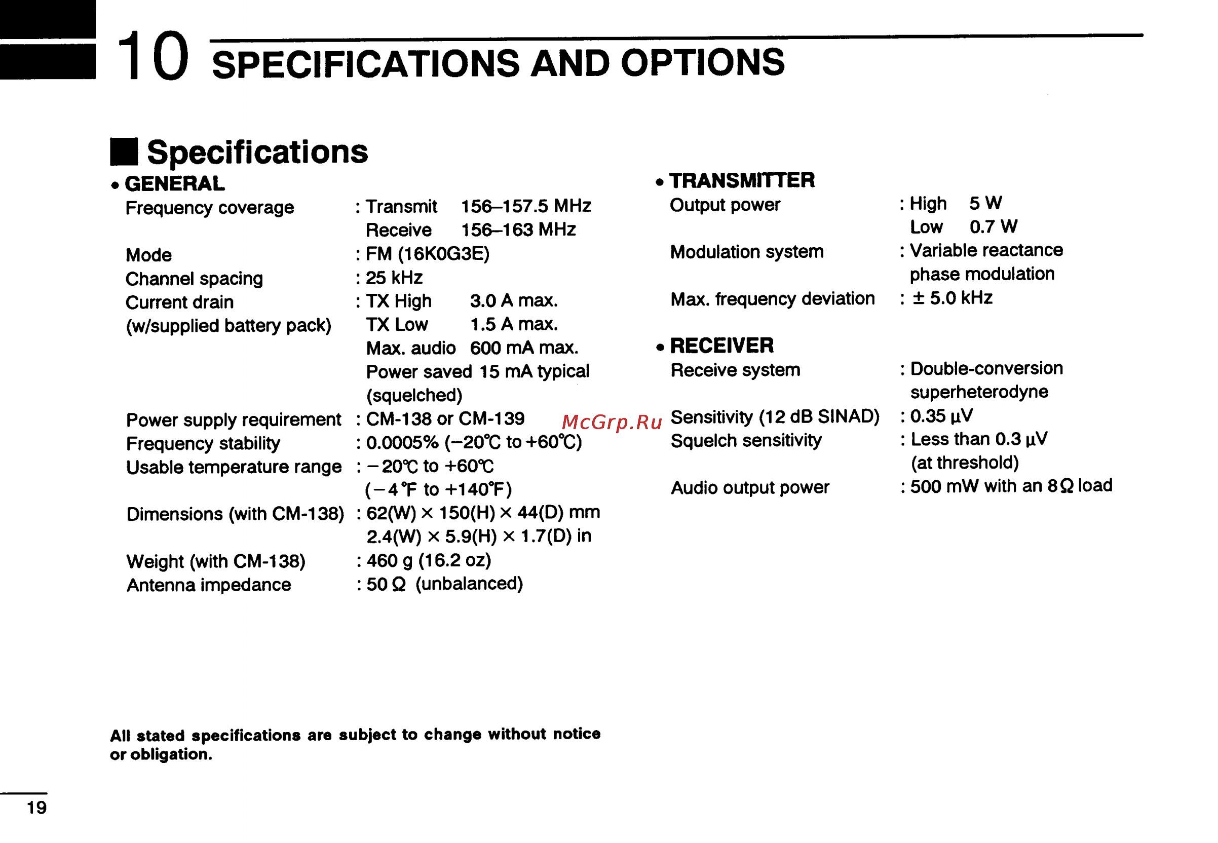 Icom IC-M15 [22/24] I 1 0 specifications and options