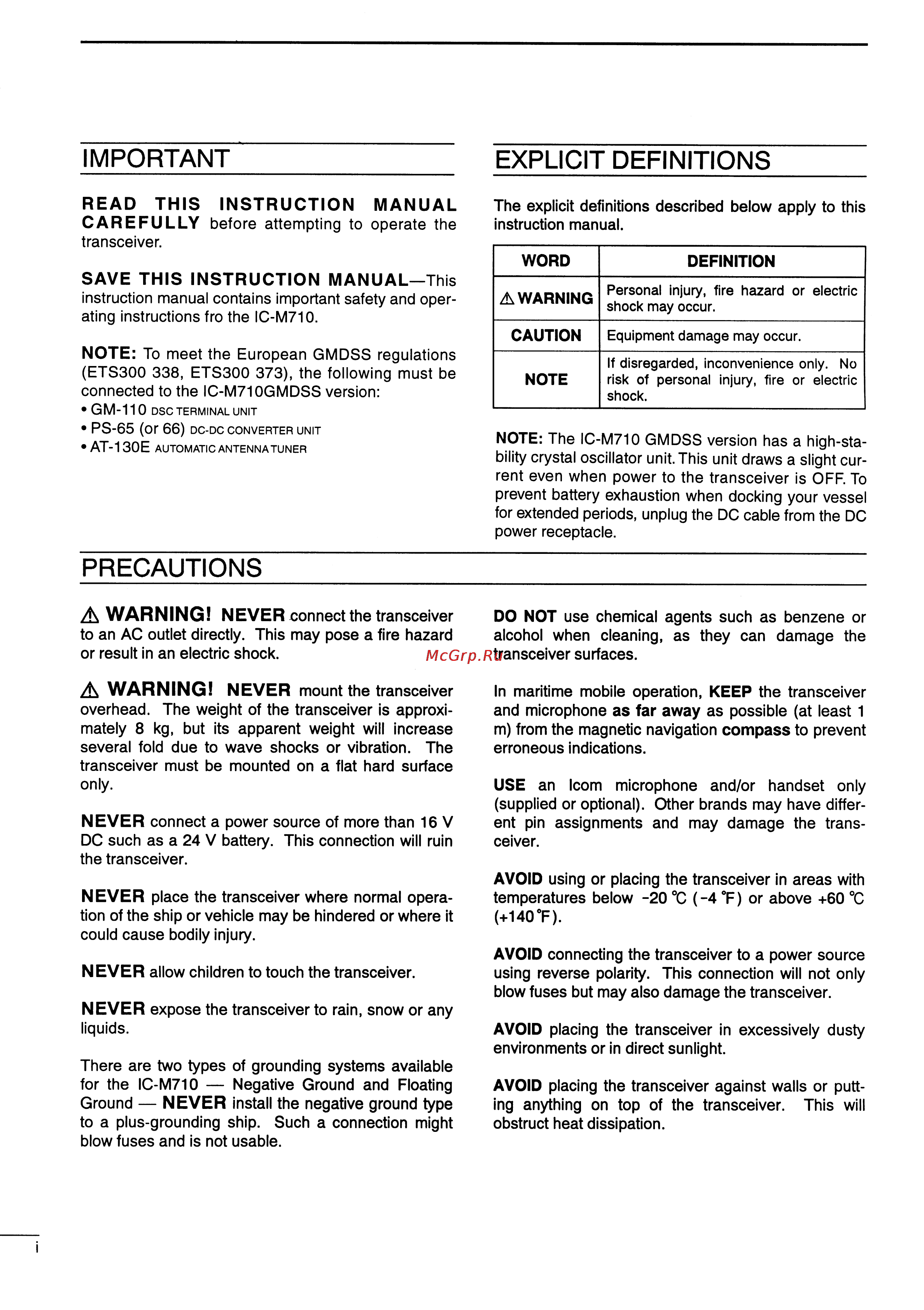 Icom IC-M710 [2/28] A warning