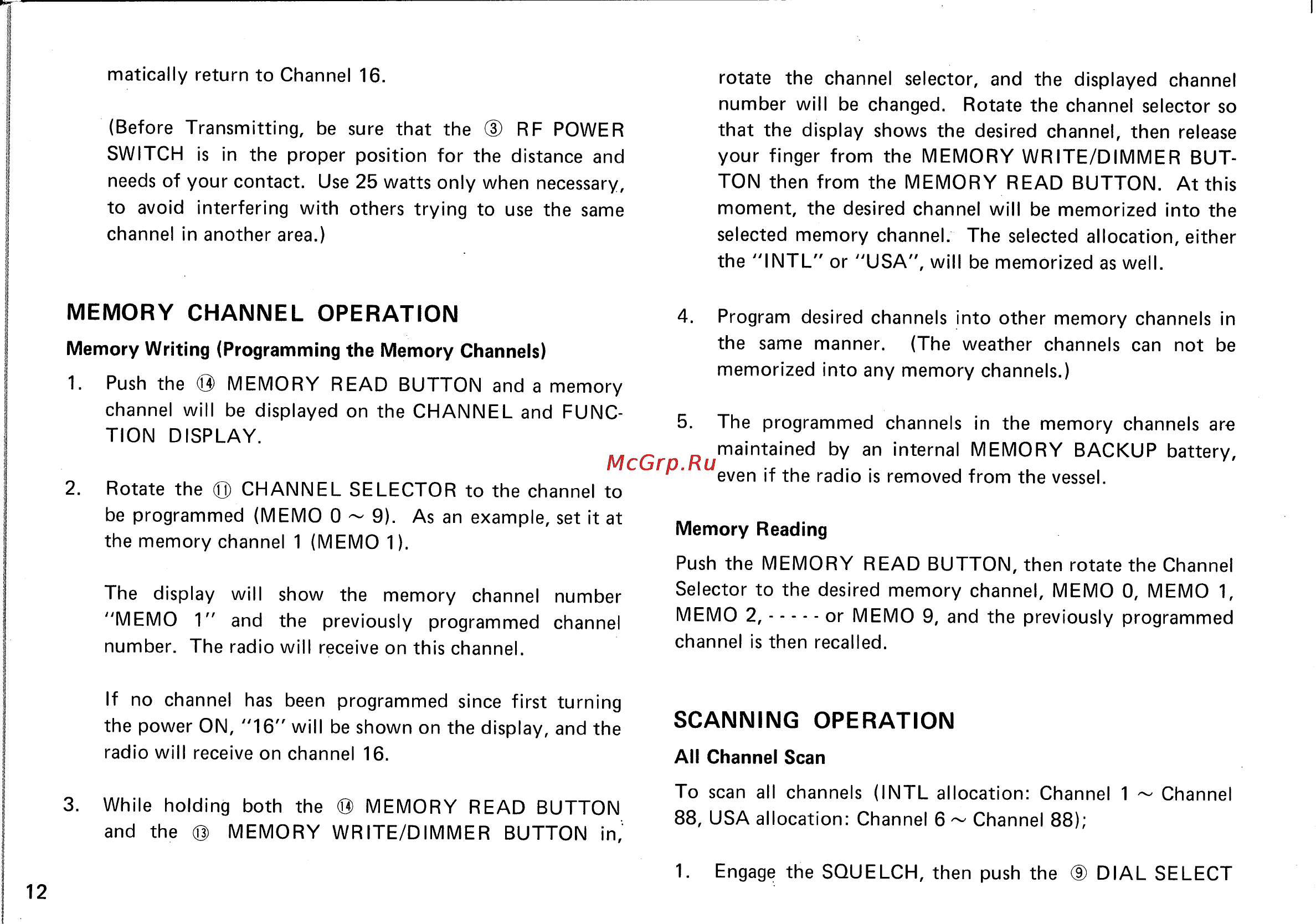 Icom IC-M80 [13/27] Memory channel operation