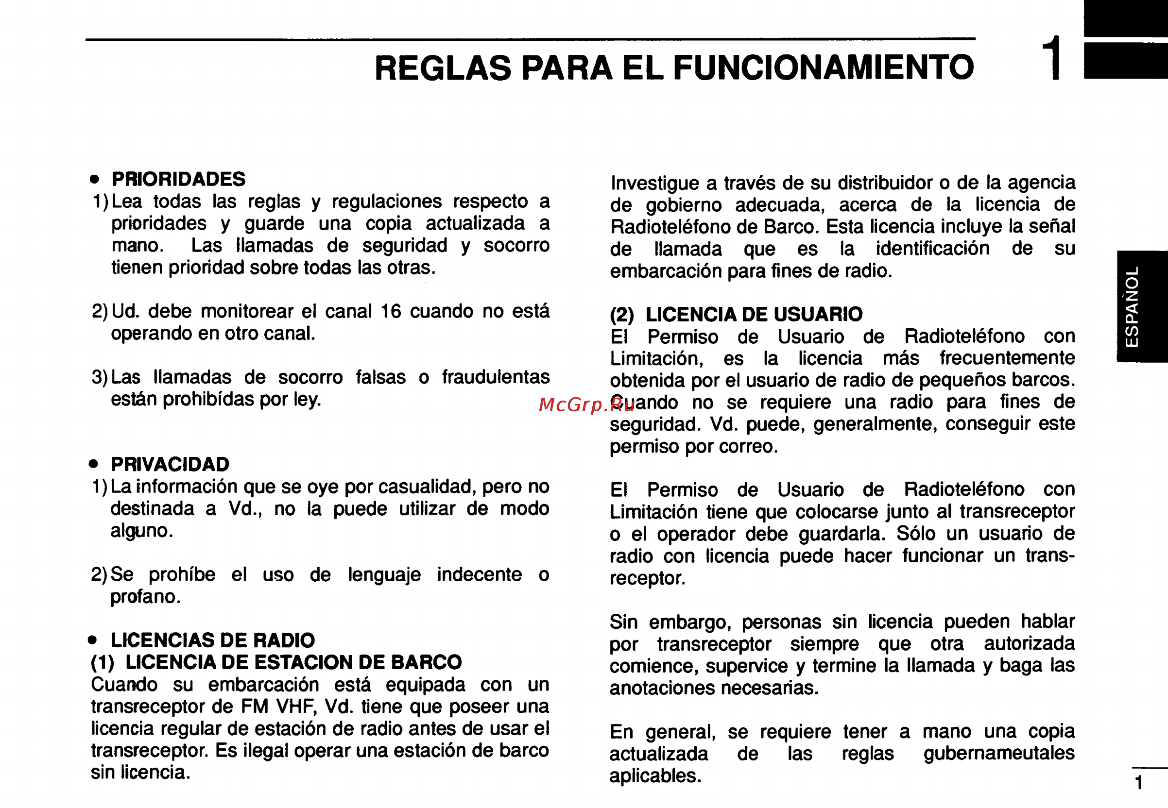 Icom IC-GM1500 [13/52] Reglas para el funcionamiento 1