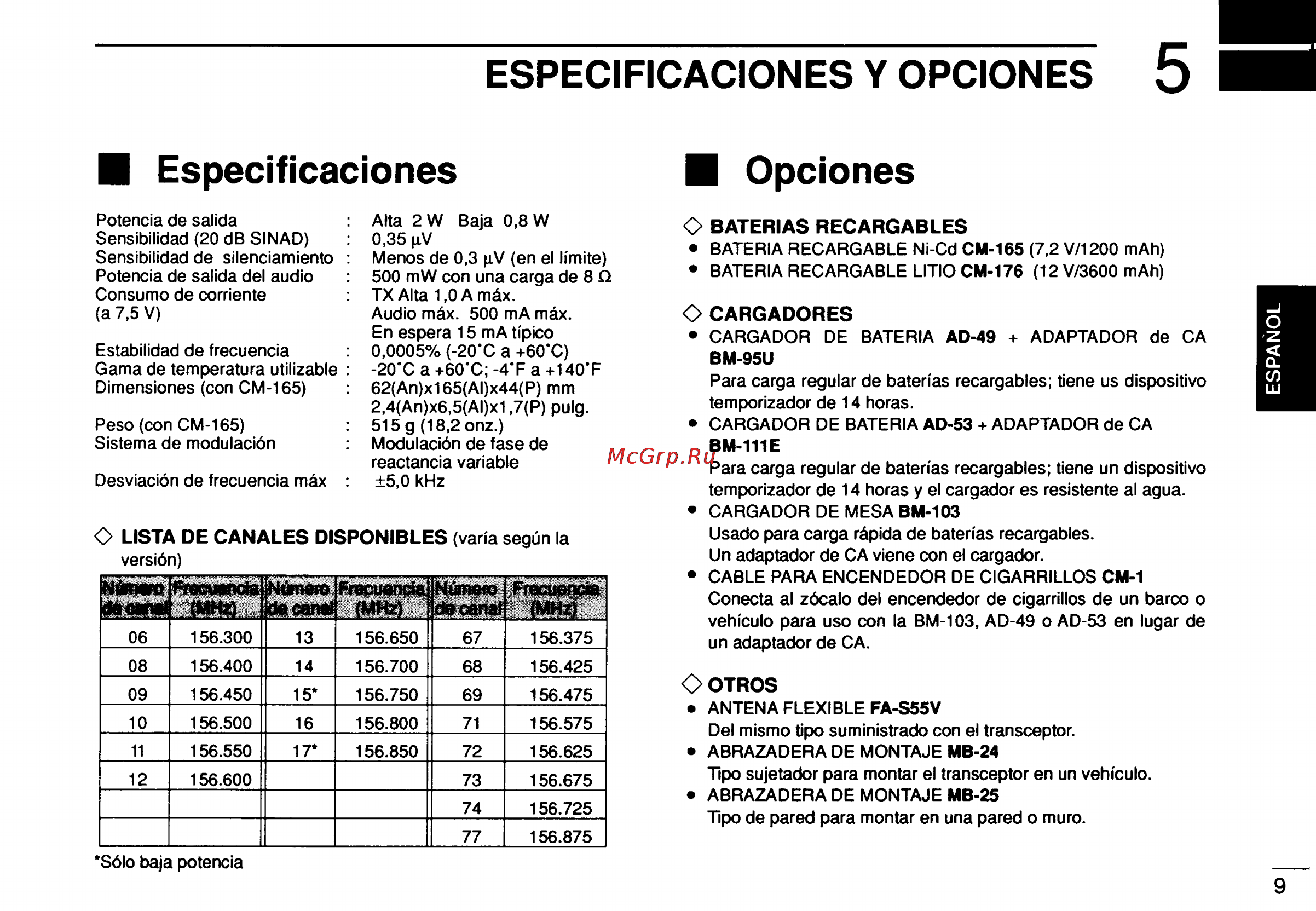 Icom IC-GM1500 [21/52] Especificaciones y opciones 5