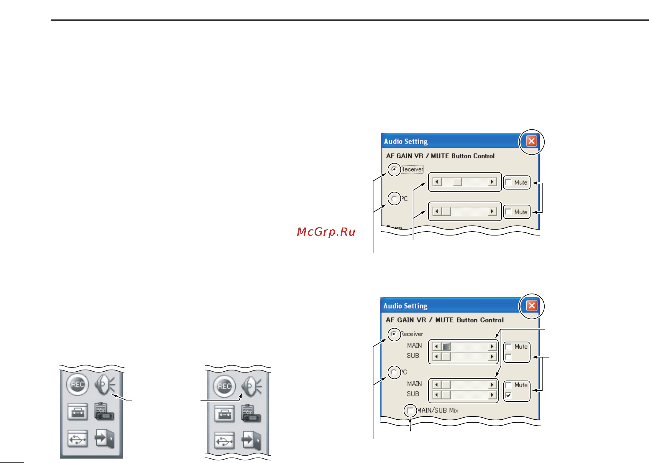 Icom IC-PCR2500 [114/148] Q click the z audio setting x icon on the tool bar to call up the audio setting screen if it is not displayed w click the receiver or pc radio button to select the af gain setting for the main unit or pc e click z ω x z x to adjust the af gain level
