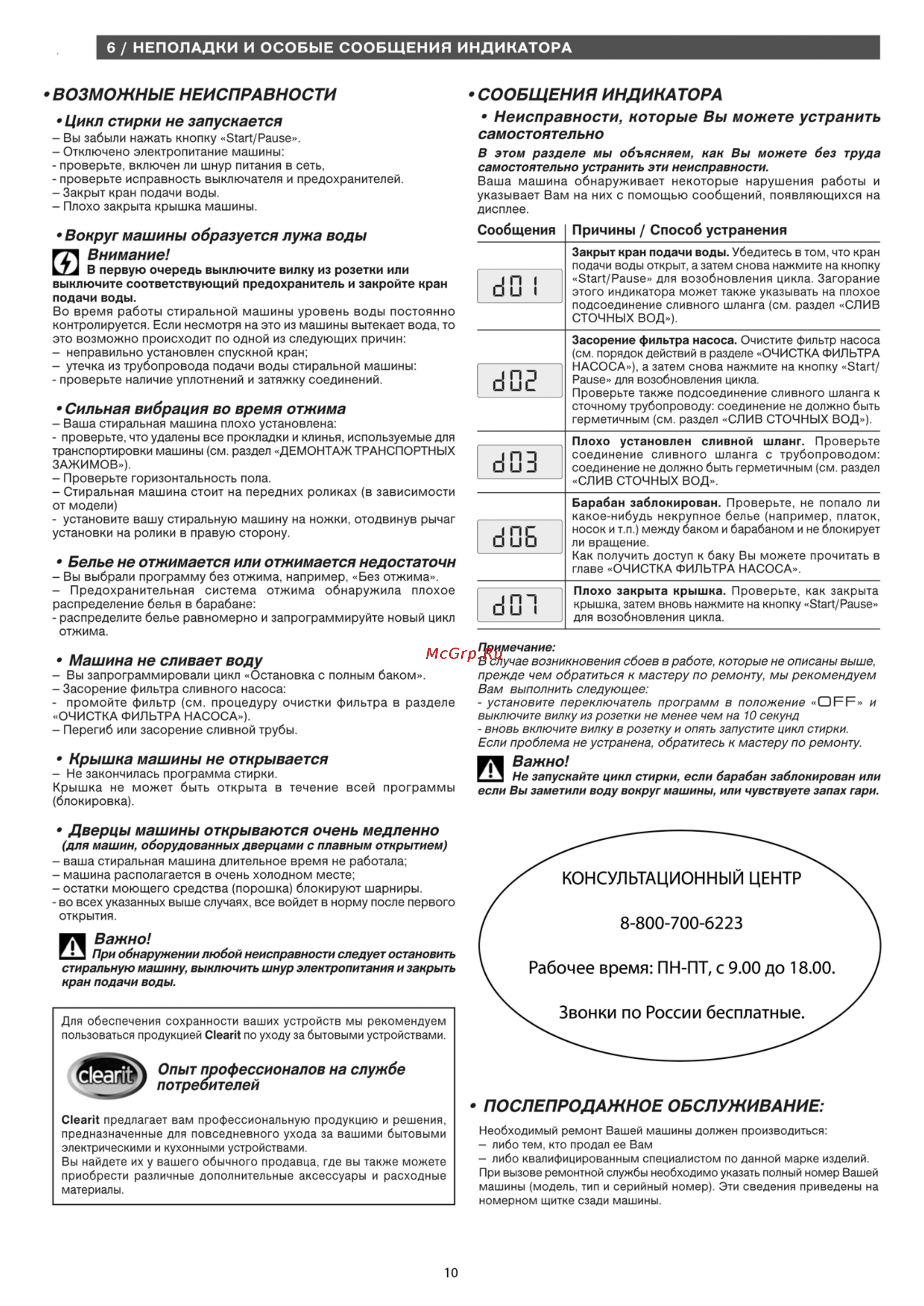 Brandt WT12765E [10/11] Возможные неисправности