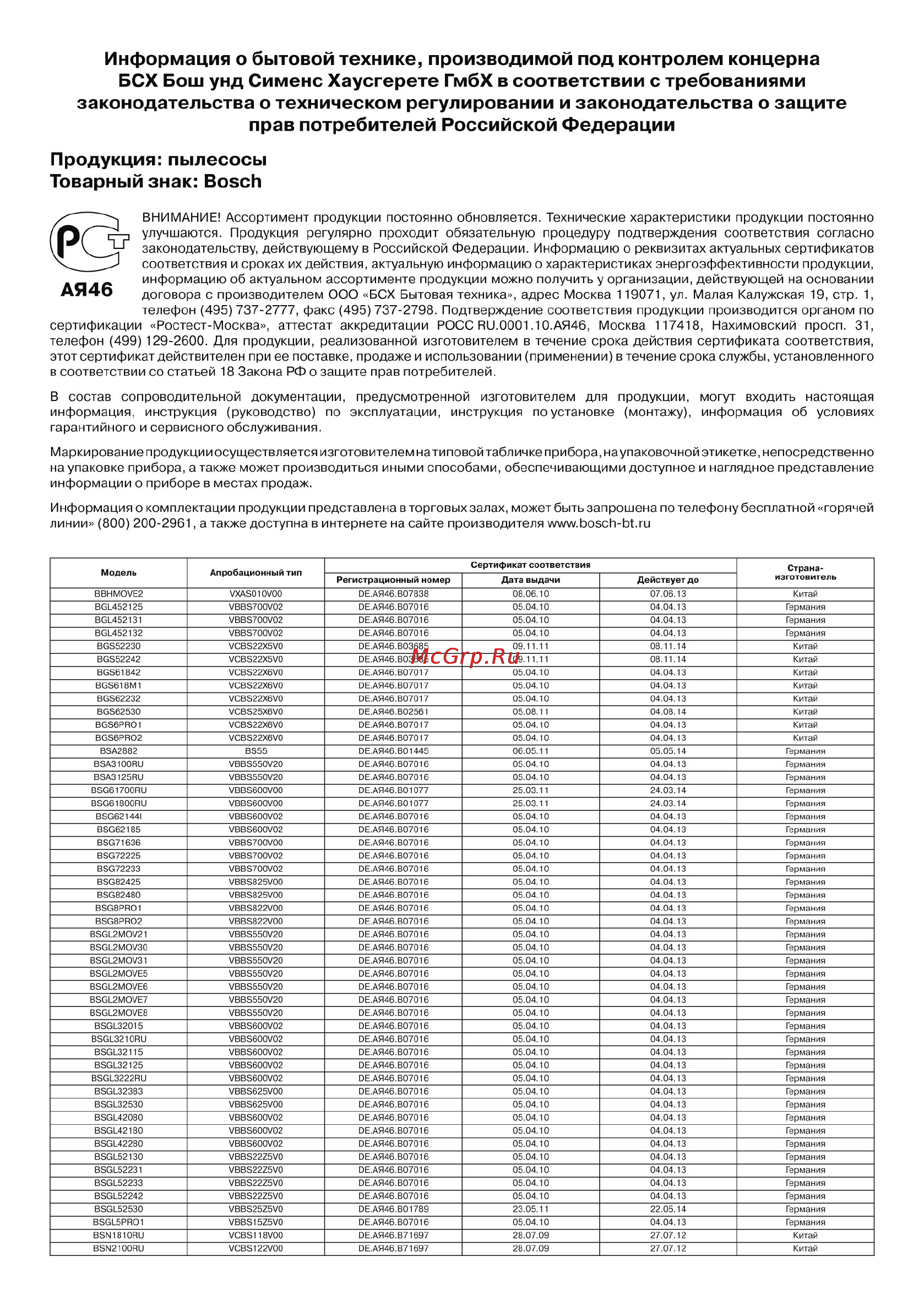 Bosch BSGL2MOV30 [23/29] Информация о бытовой технике производимой под контролем концерна бсх бош унд сименс хаусгерете гмбх в соответствии с требованиями