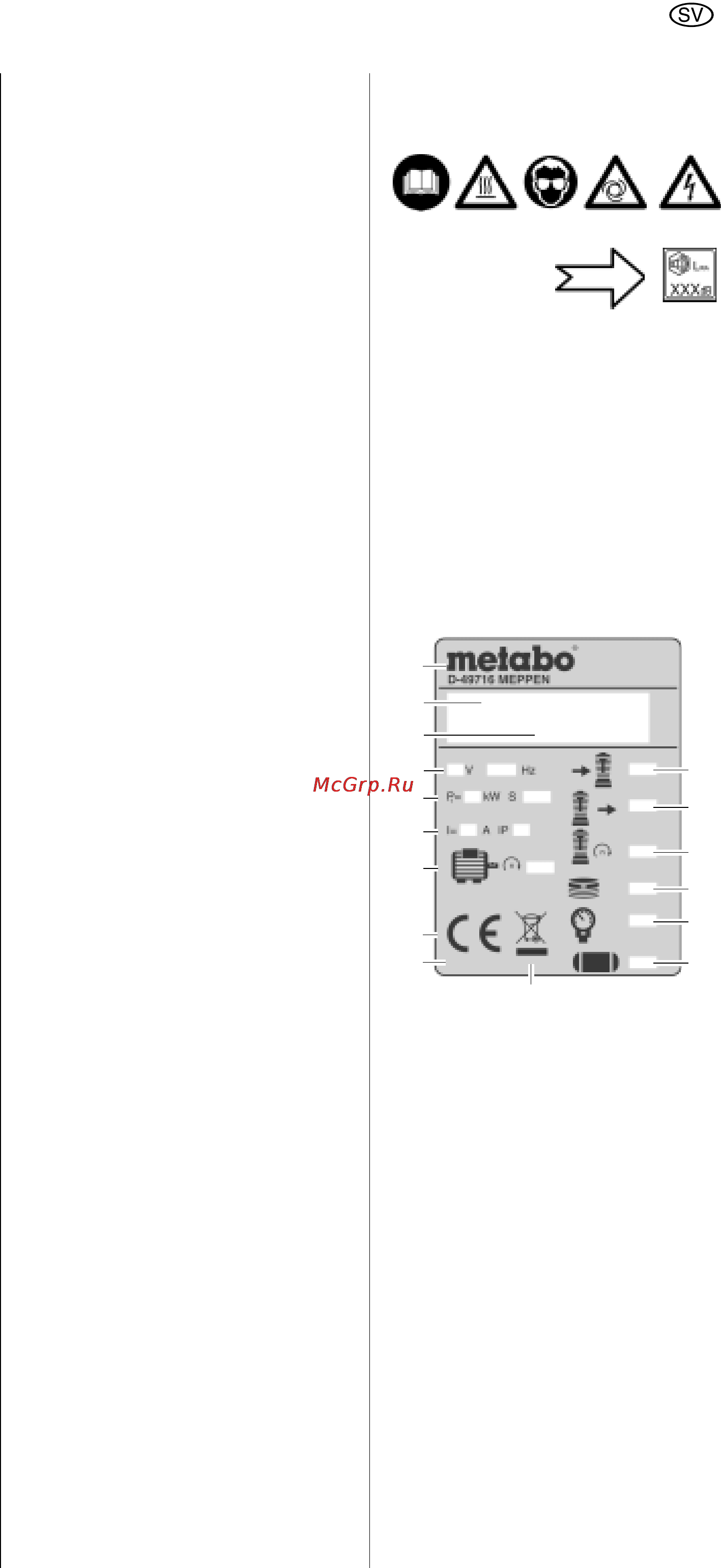 Metabo Mega 370/100 W [73/117] Symboler på maskinen