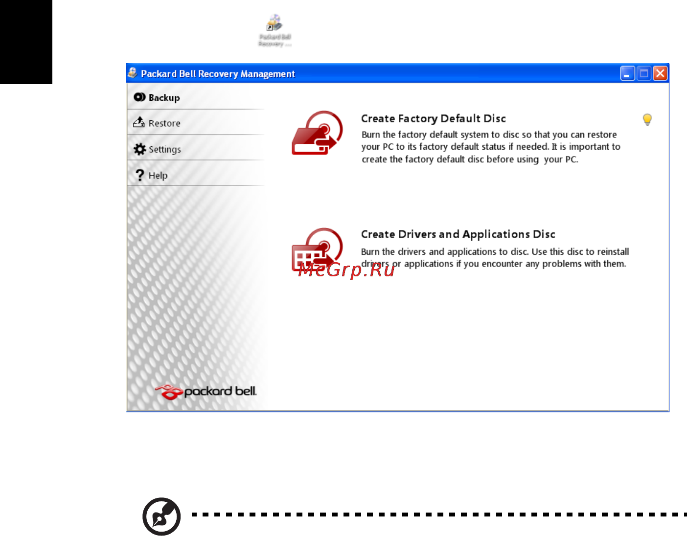 Packard Bell TM86-JN-312RU [20/52] Запуск утилиты packard bell recovery management