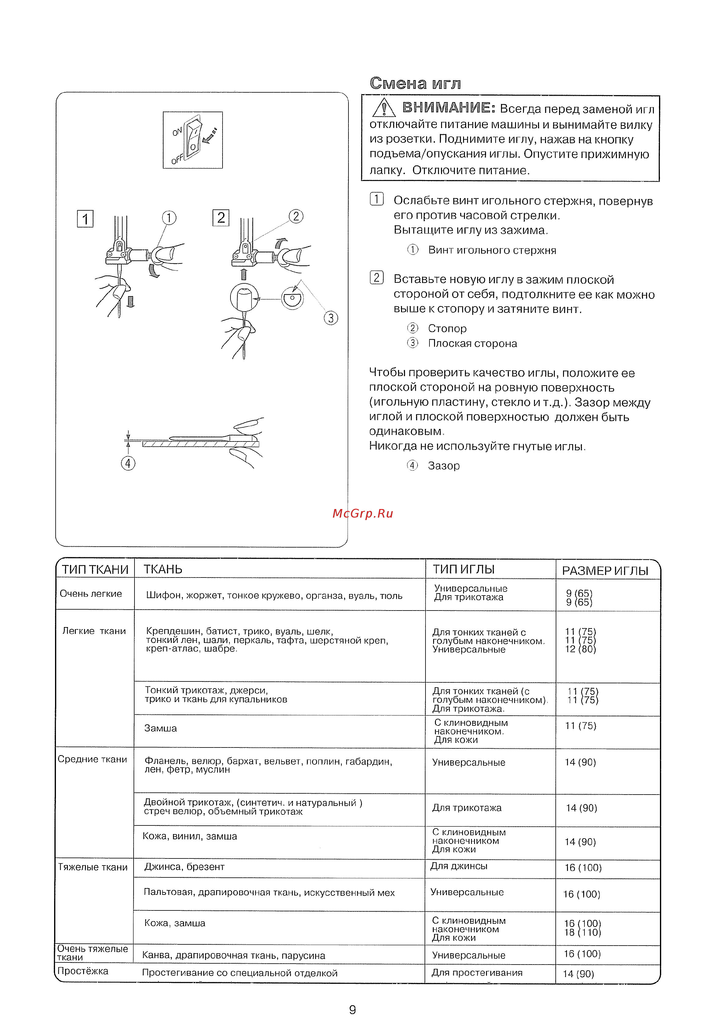 Janome Decor Computer 50 [11/42] Внимание всегда перед заменой игл отключайте питание машины и вынимайте вилку из розетки поднимите иглу нажав на кнопку подъема опускания иглы опустите прижимную лапку отключите питание