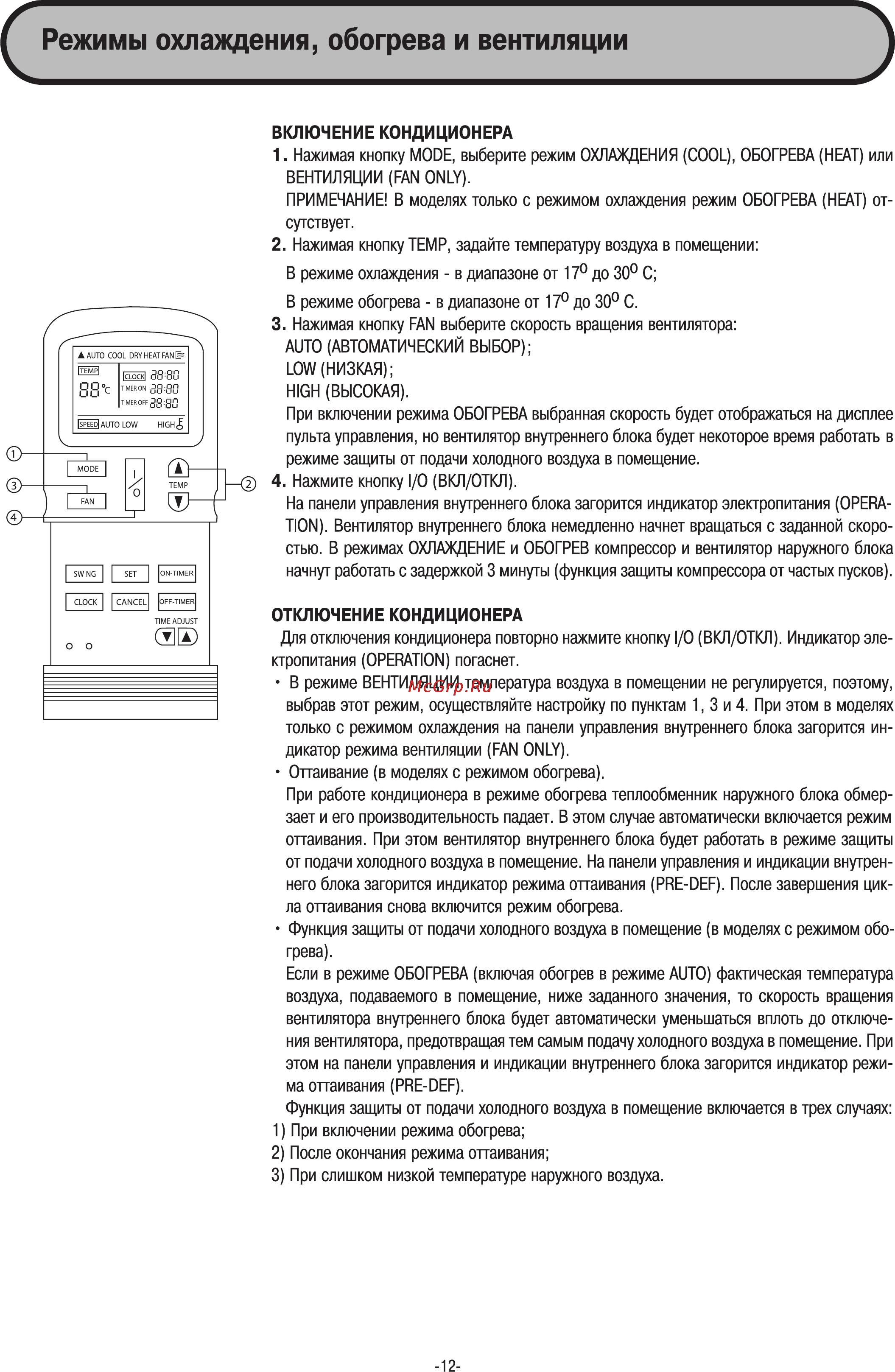 Midea MDV-D112Q4 [12/21] Режимы охлаждения обогрева и вентиляции