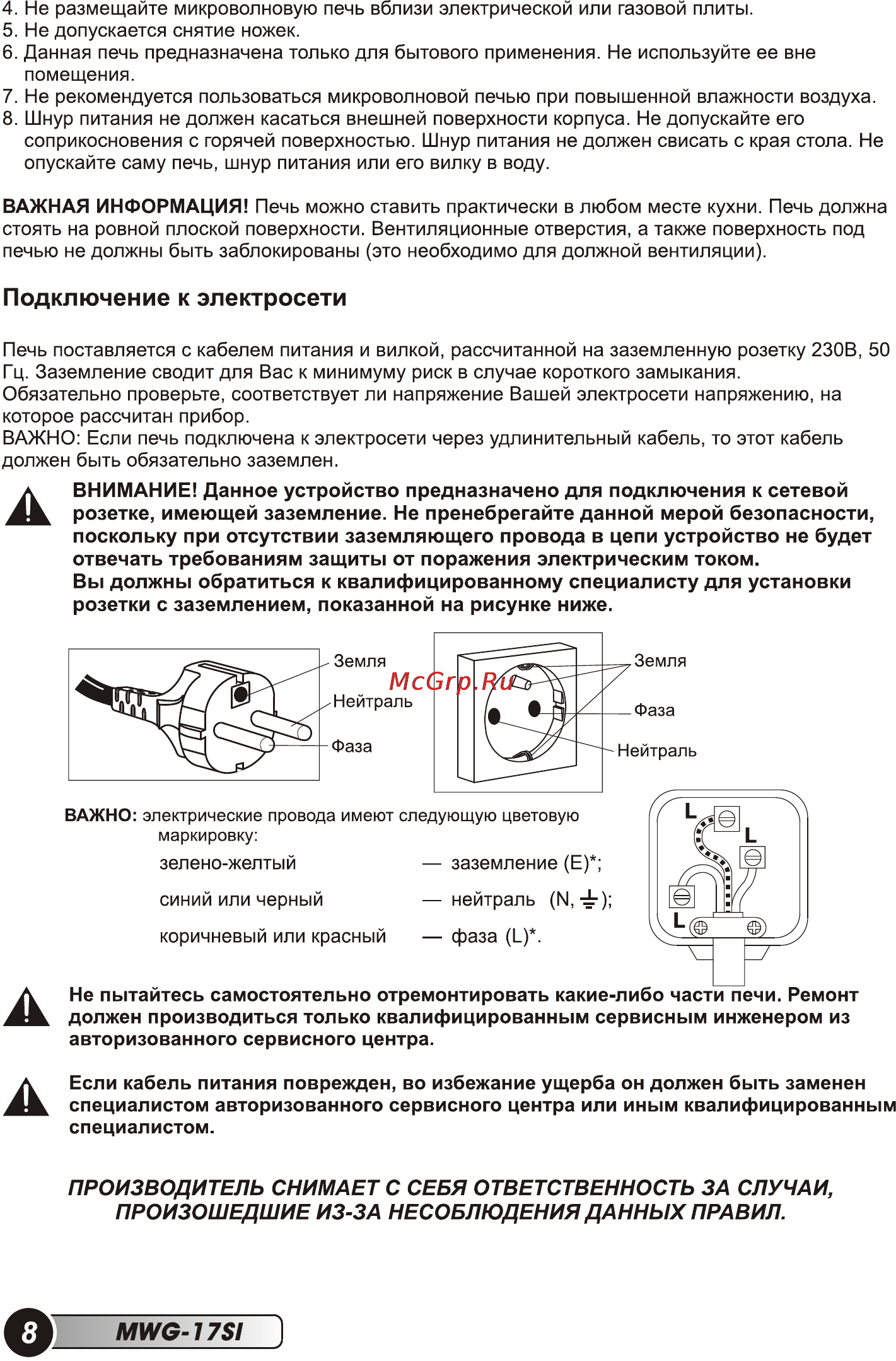 Erisson MWG-17SI [10/36] Подключение к электросети
