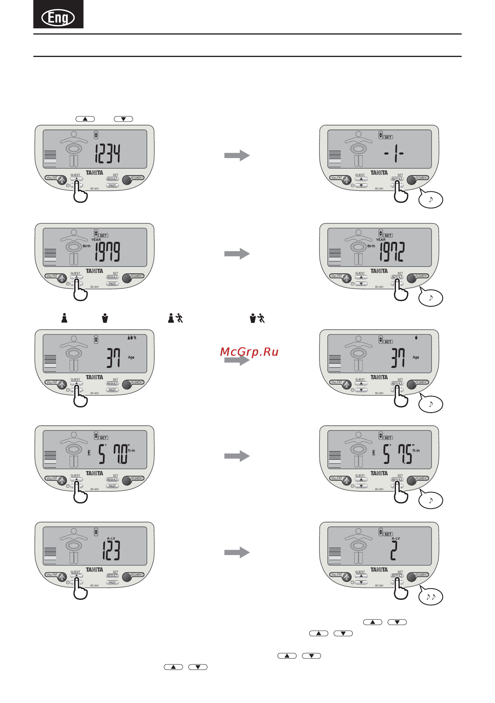 Tanita BC-601 [6/80] Setting and storing personal data in memory