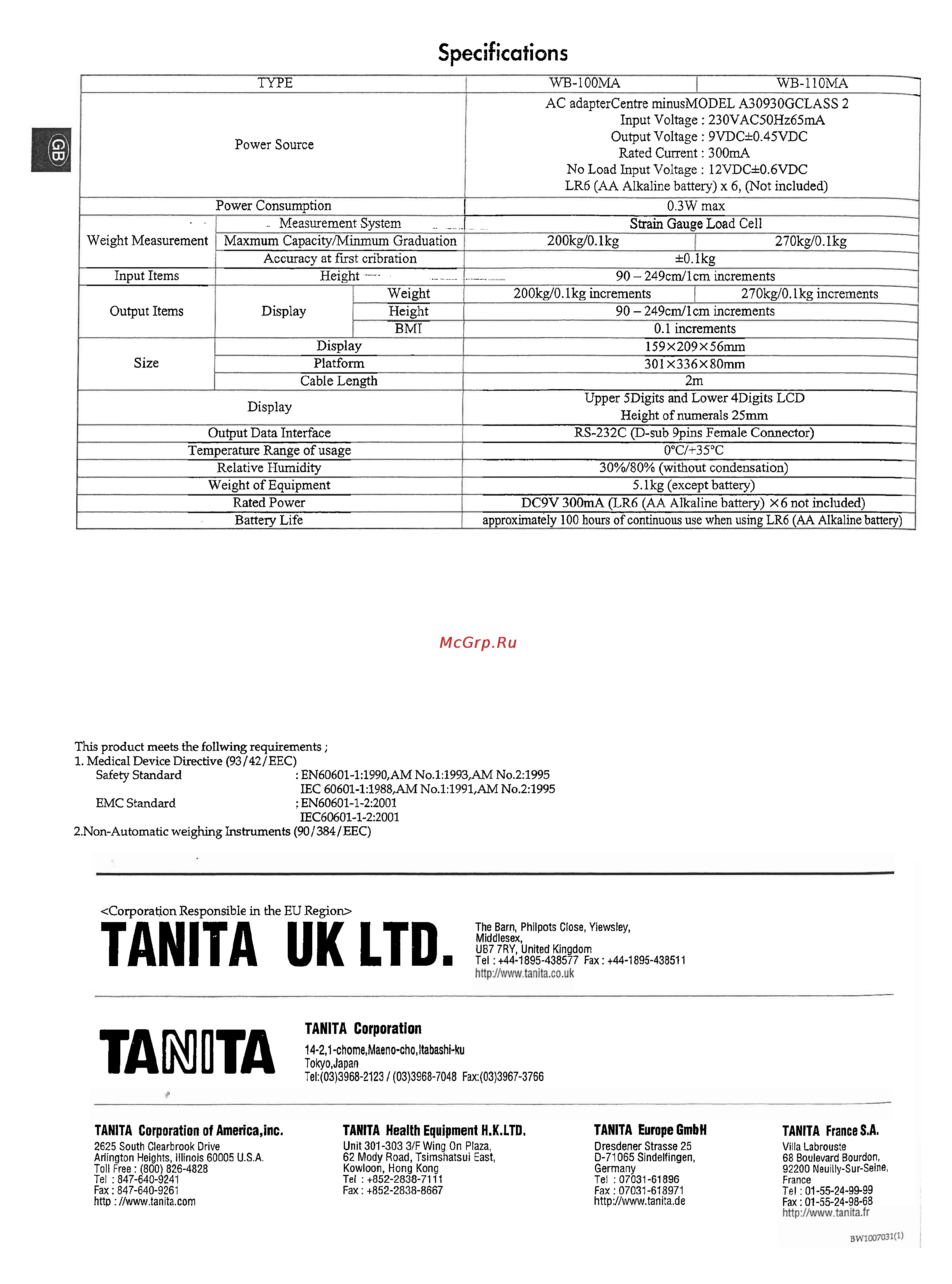 Tanita WB-110S MA [13/13] Specifications