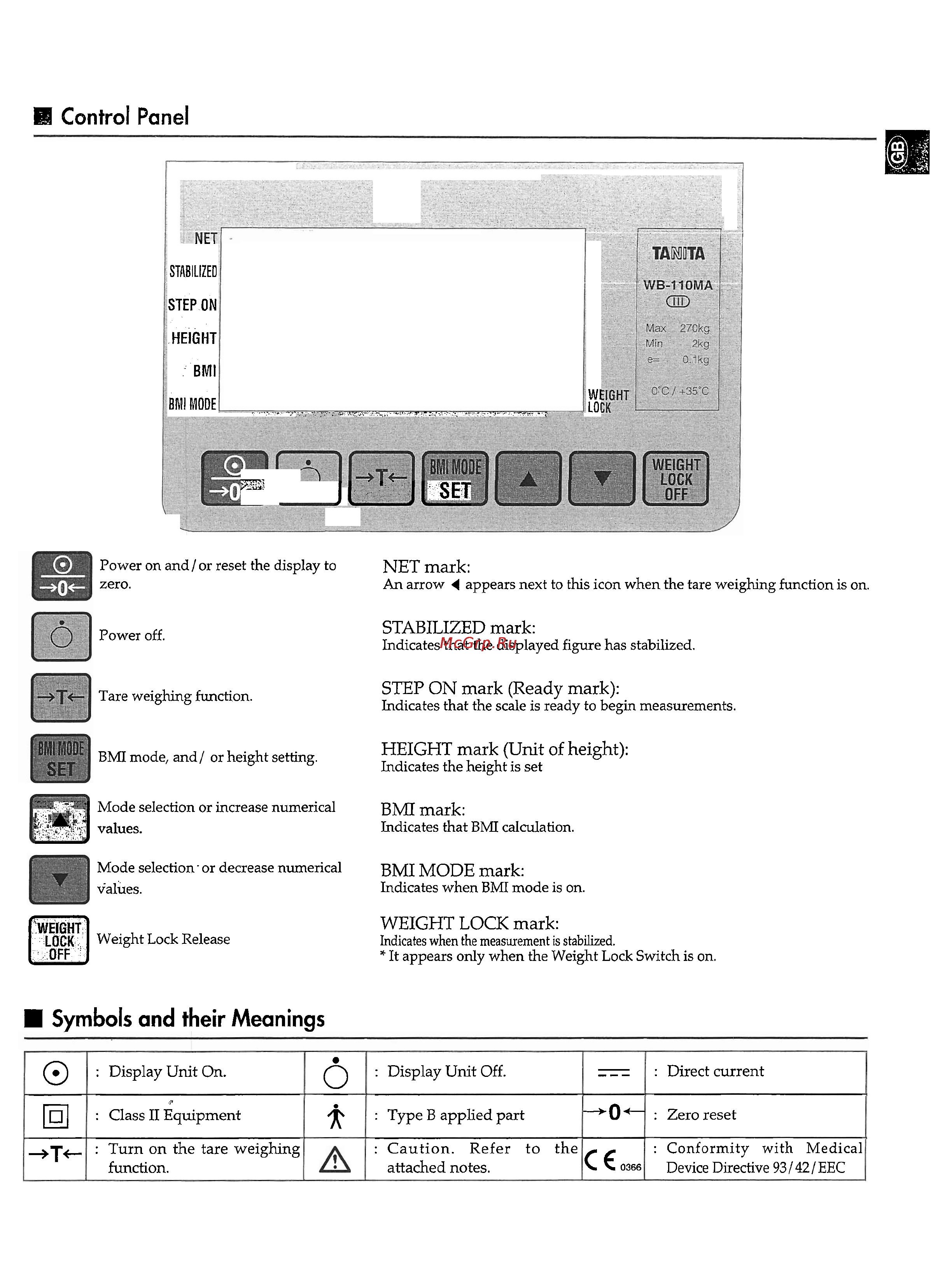 Tanita WB-110S MA [6/13] Symbols