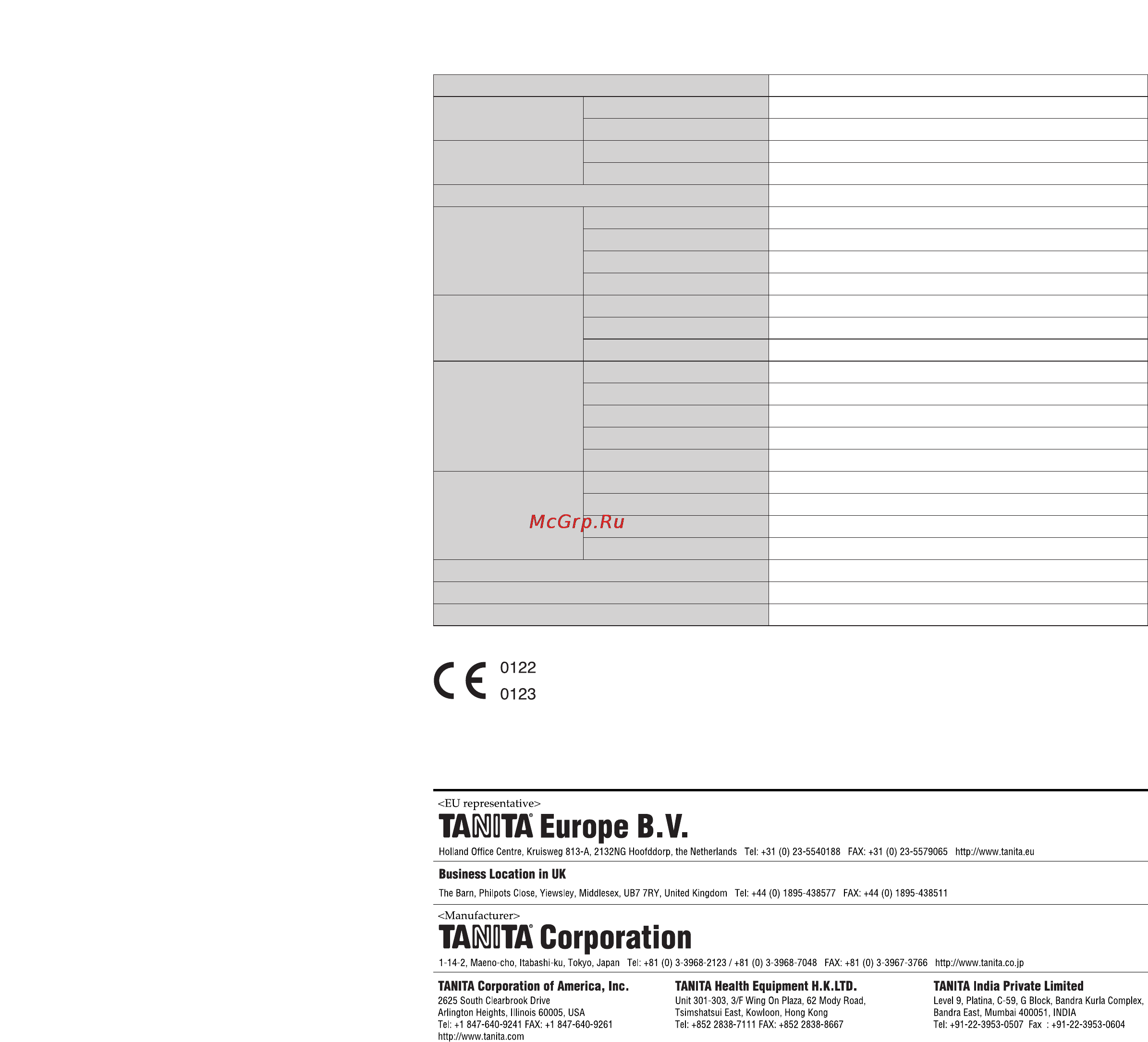 Tanita SC 240 MA [11/11] Specifications