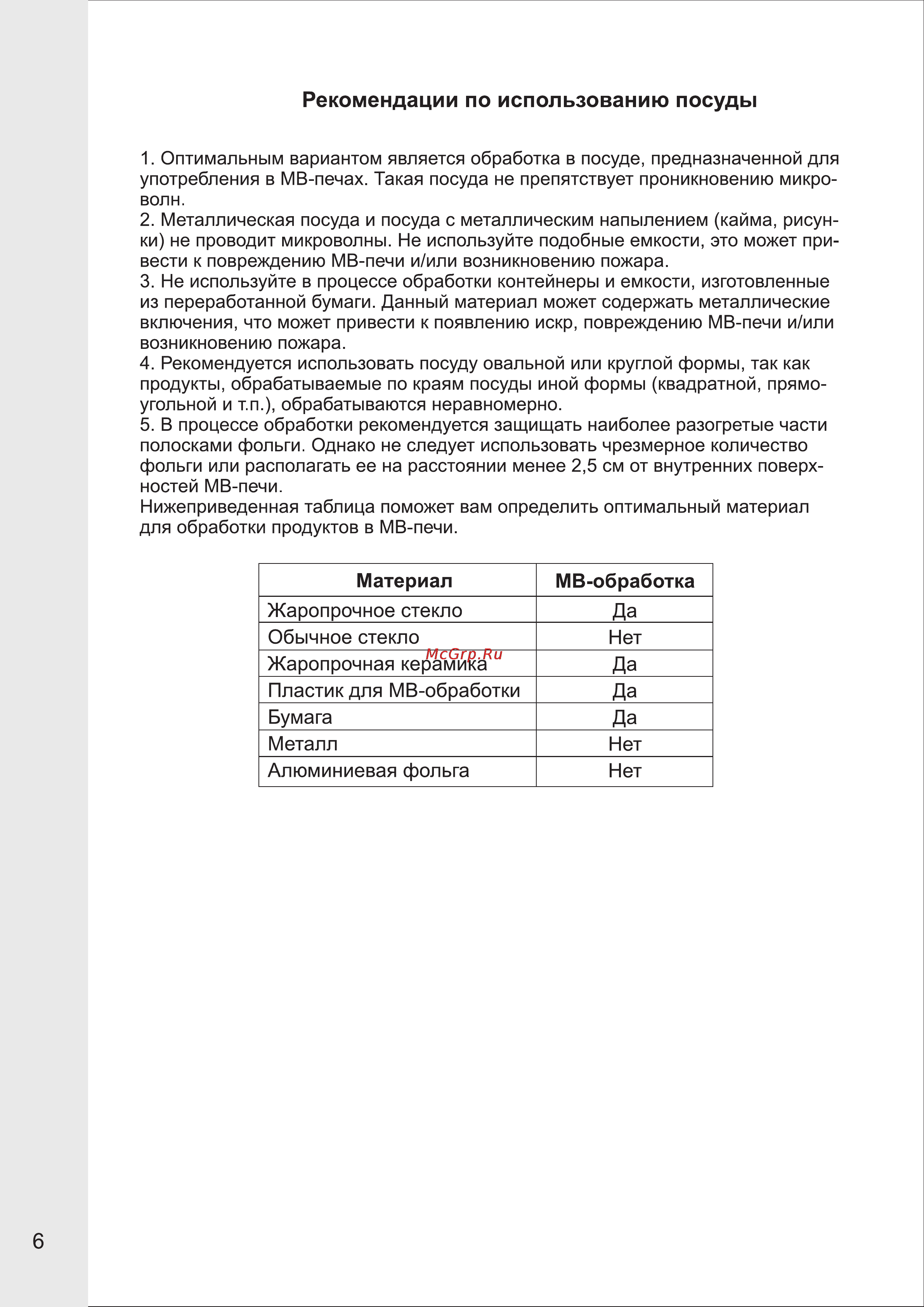 VR MW-M1704 [6/9] Рекомендации по использованию посуды