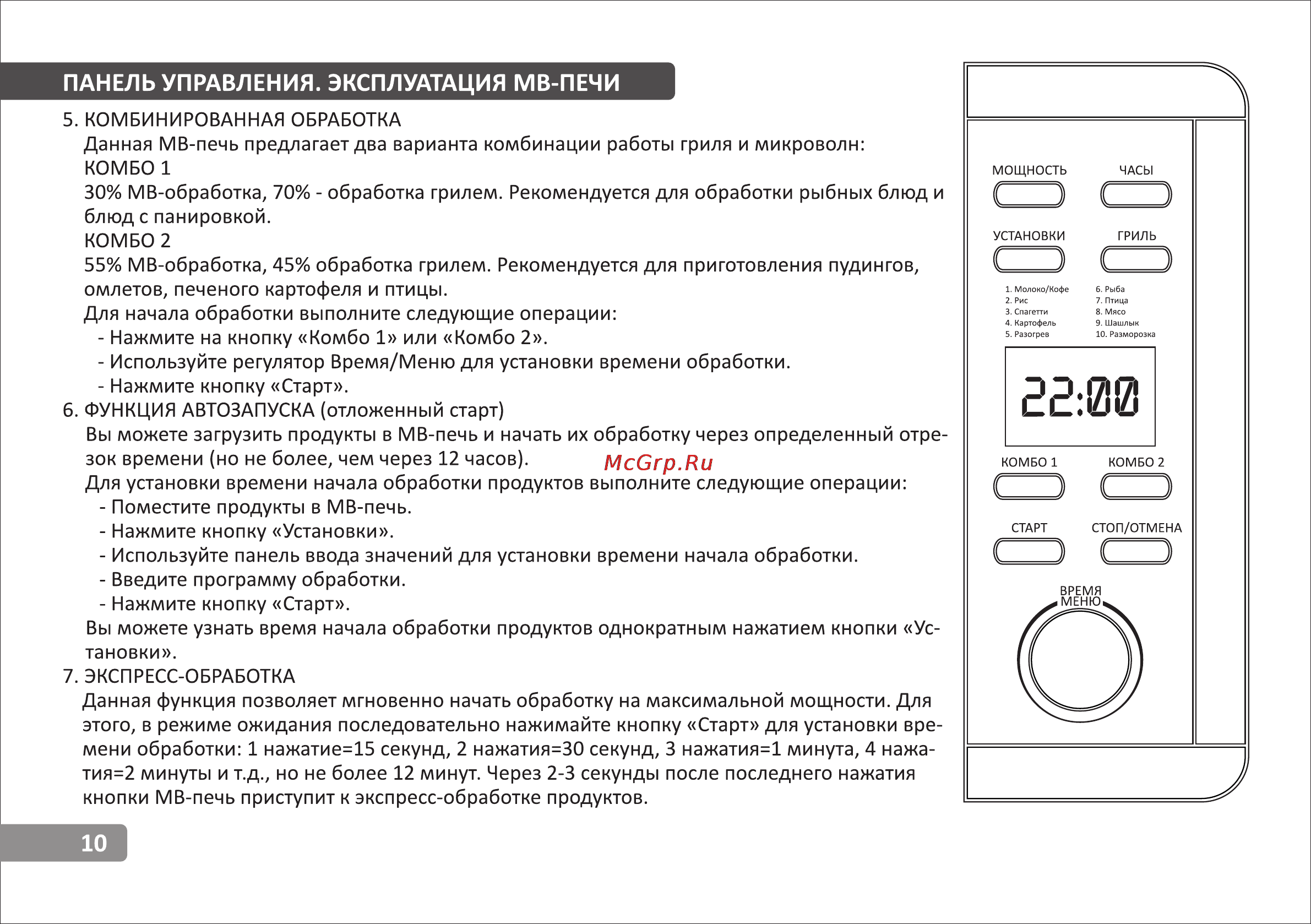 VR MW-G2300 [10/14] Панель управления эксплуатация мв печи