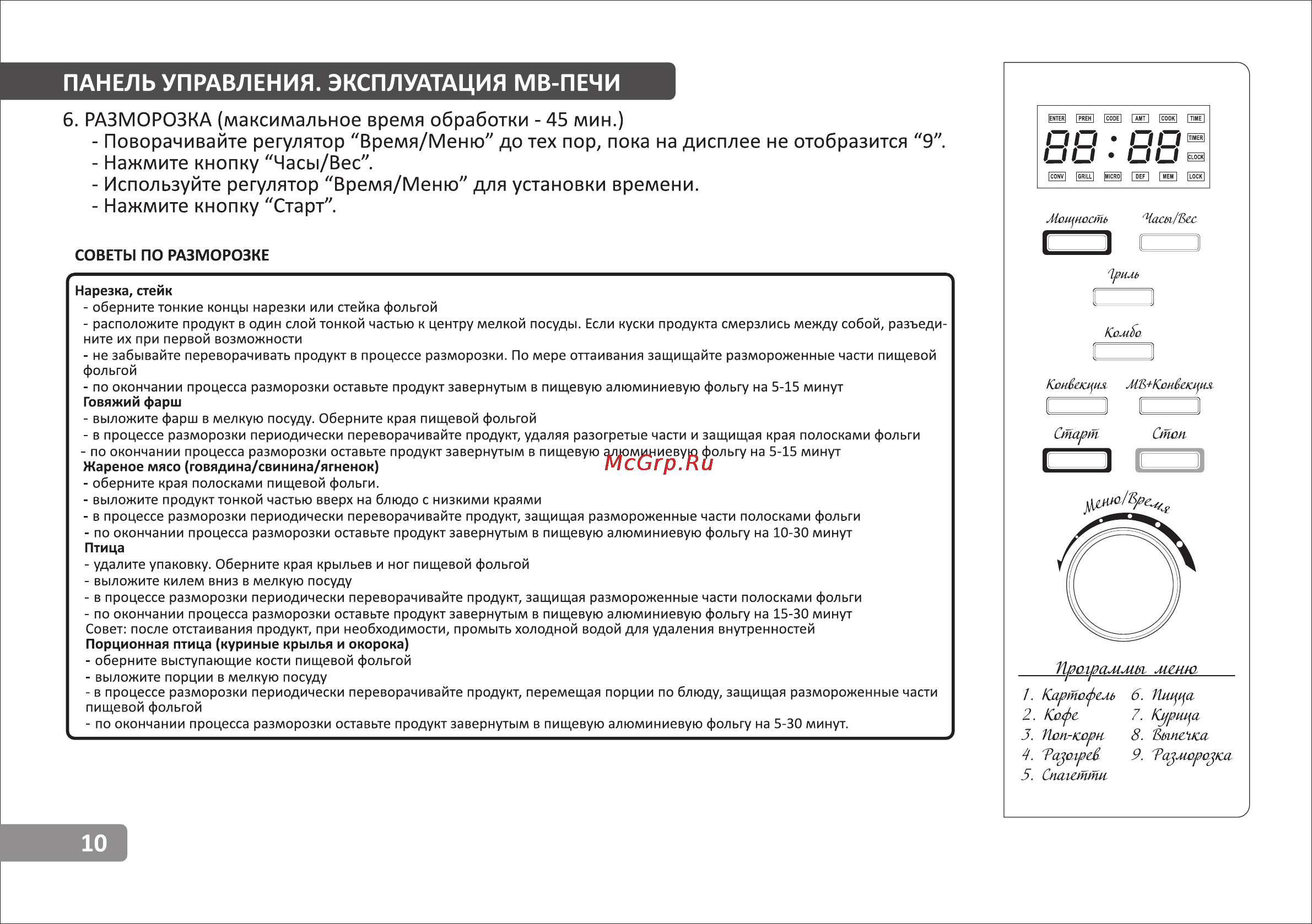 VR MW-C3000 [10/15] Панель управления эксплуатация мв печи
