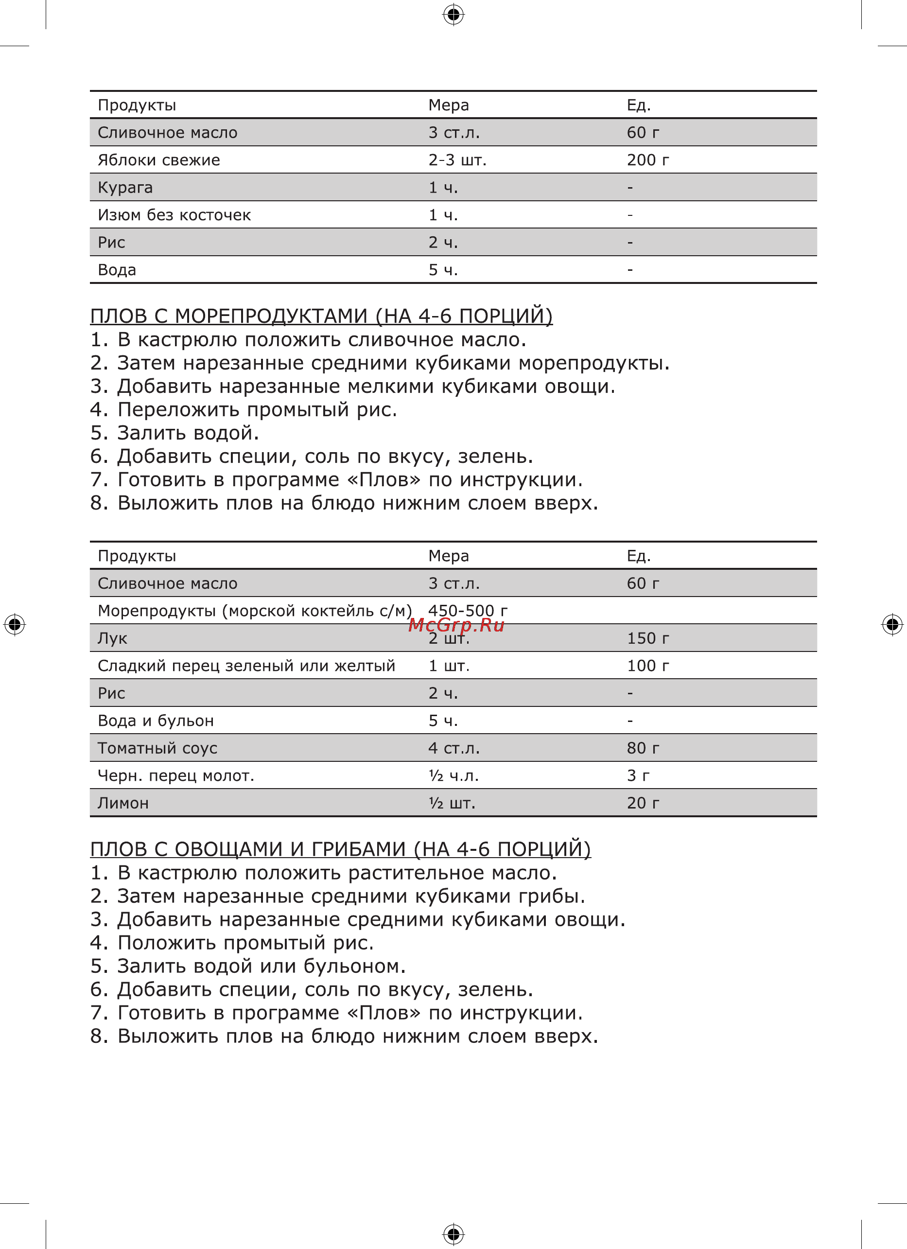 Viconte VC-600 [11/24] Плов с морепродуктами на 4 6 порций 1 в кастрюлю положить сливочное масло 2 затем нарезанные средними кубиками морепродукты 3 добавить нарезанные мелкими кубиками овощи 4 переложить промытый рис 5 залить водой 6 добавить специи соль по вкусу зелень 7 готовить в программе плов по инструкции 8 выложить плов на блюдо нижним слоем вверх