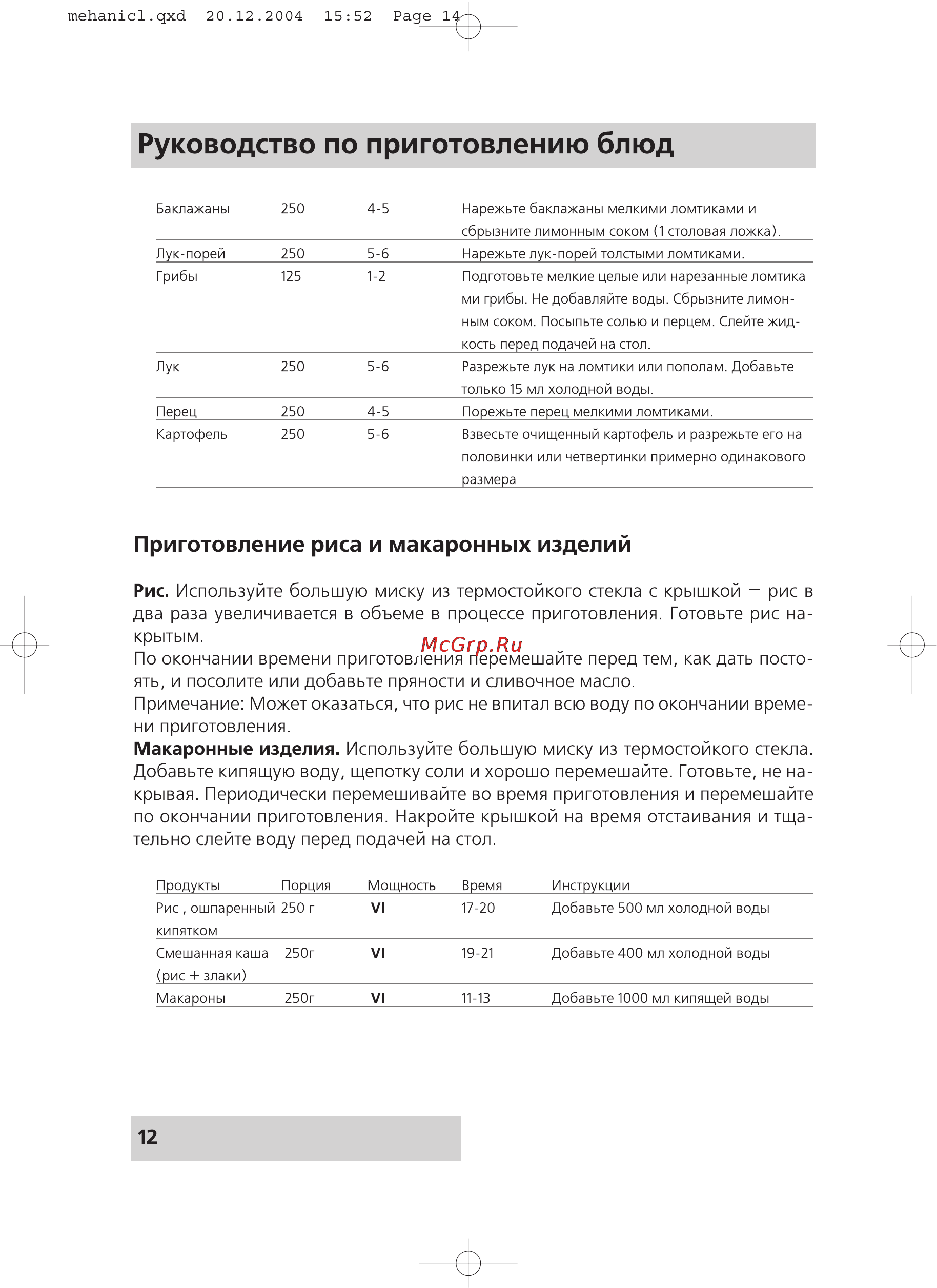Rolsen MS1770MB [12/20] Руководство по приготовлению блюд