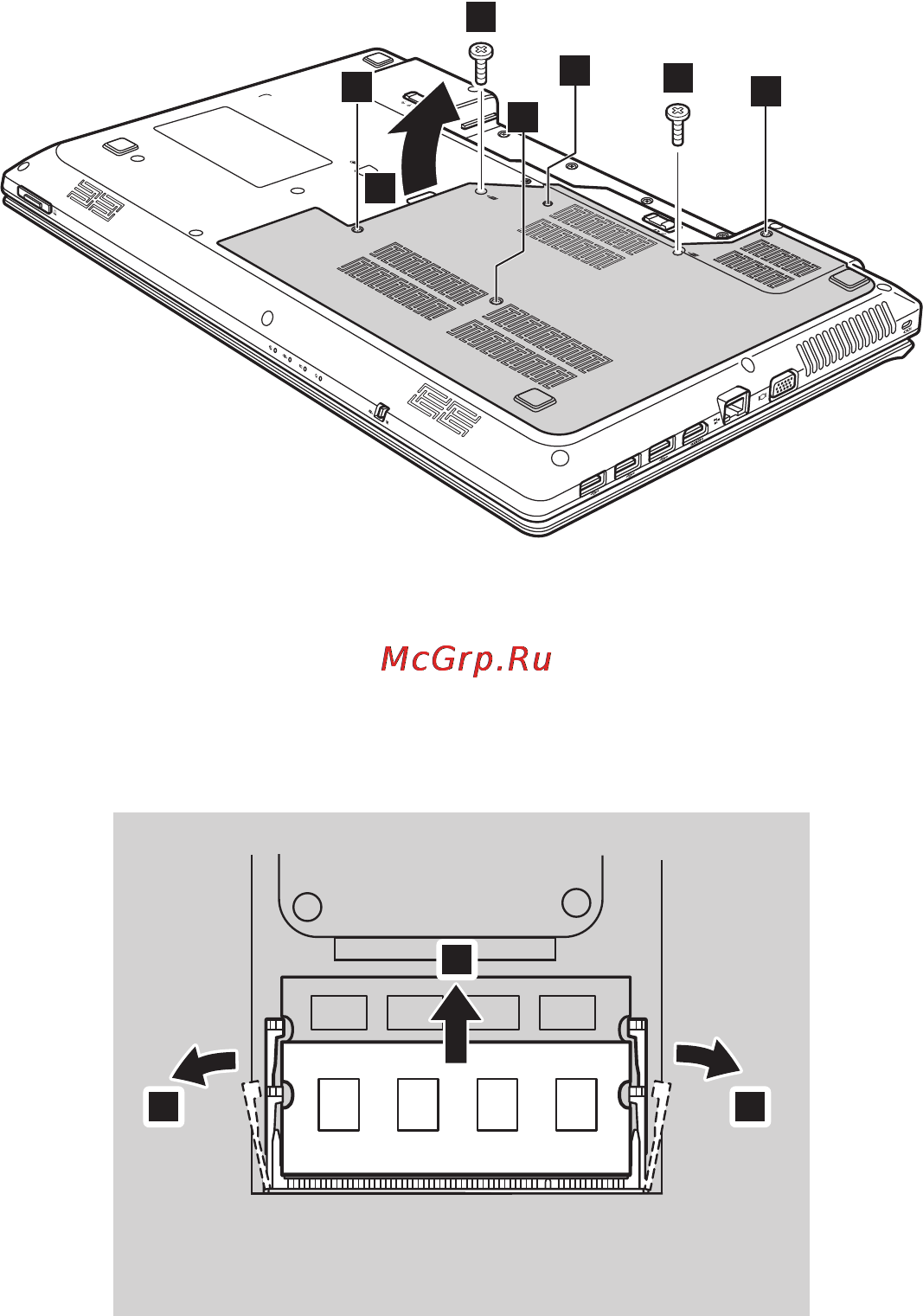 Lenovo G585 /59339300/ [50/58] Если в разъеме памяти уже установлены два модуля ddr3 sdram извлеките один из них чтобы освободить место для нового модуля одновременно отжав защелки по обоим краям разъема не выбрасывайте старый модуль памяти ddr3 sdram чтобы его можно было использовать впоследствии