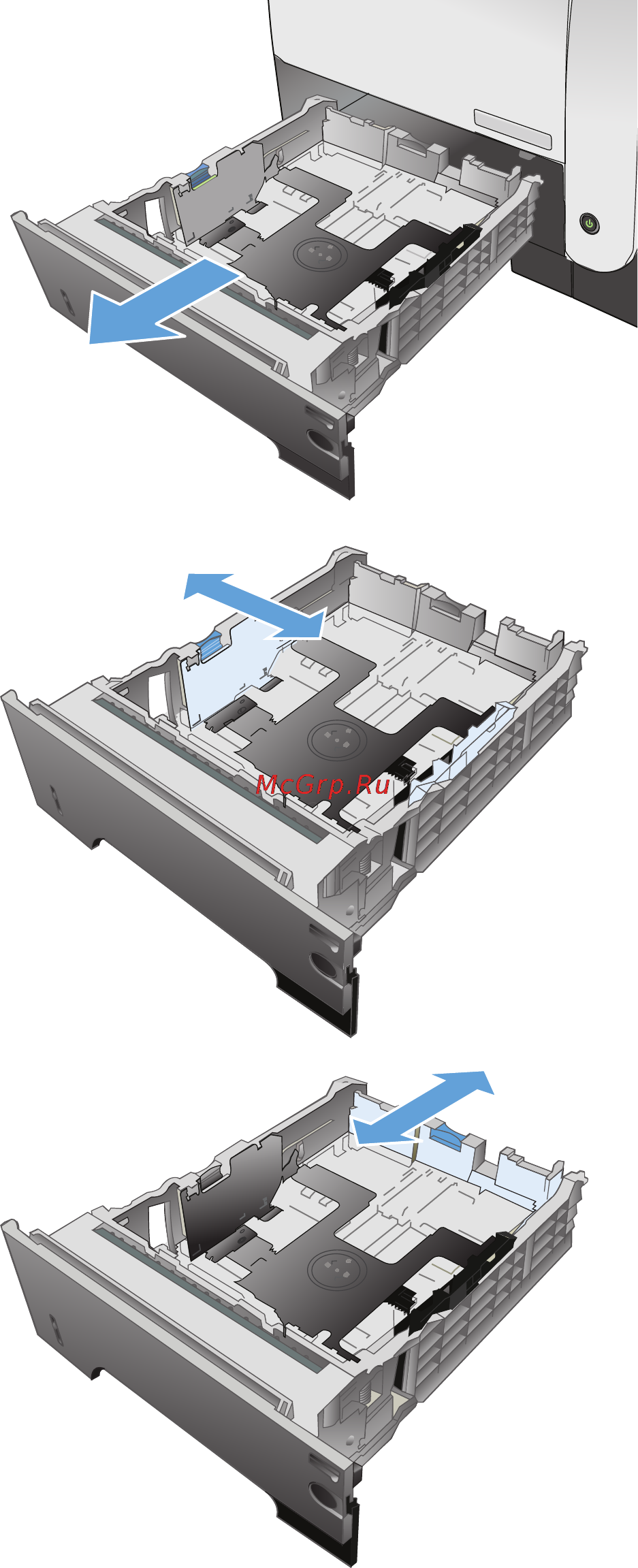 HP LaserJet Ent 500 M525dn [45/302] Загрузка лотка 2 или дополнительных лотков на 500 листов