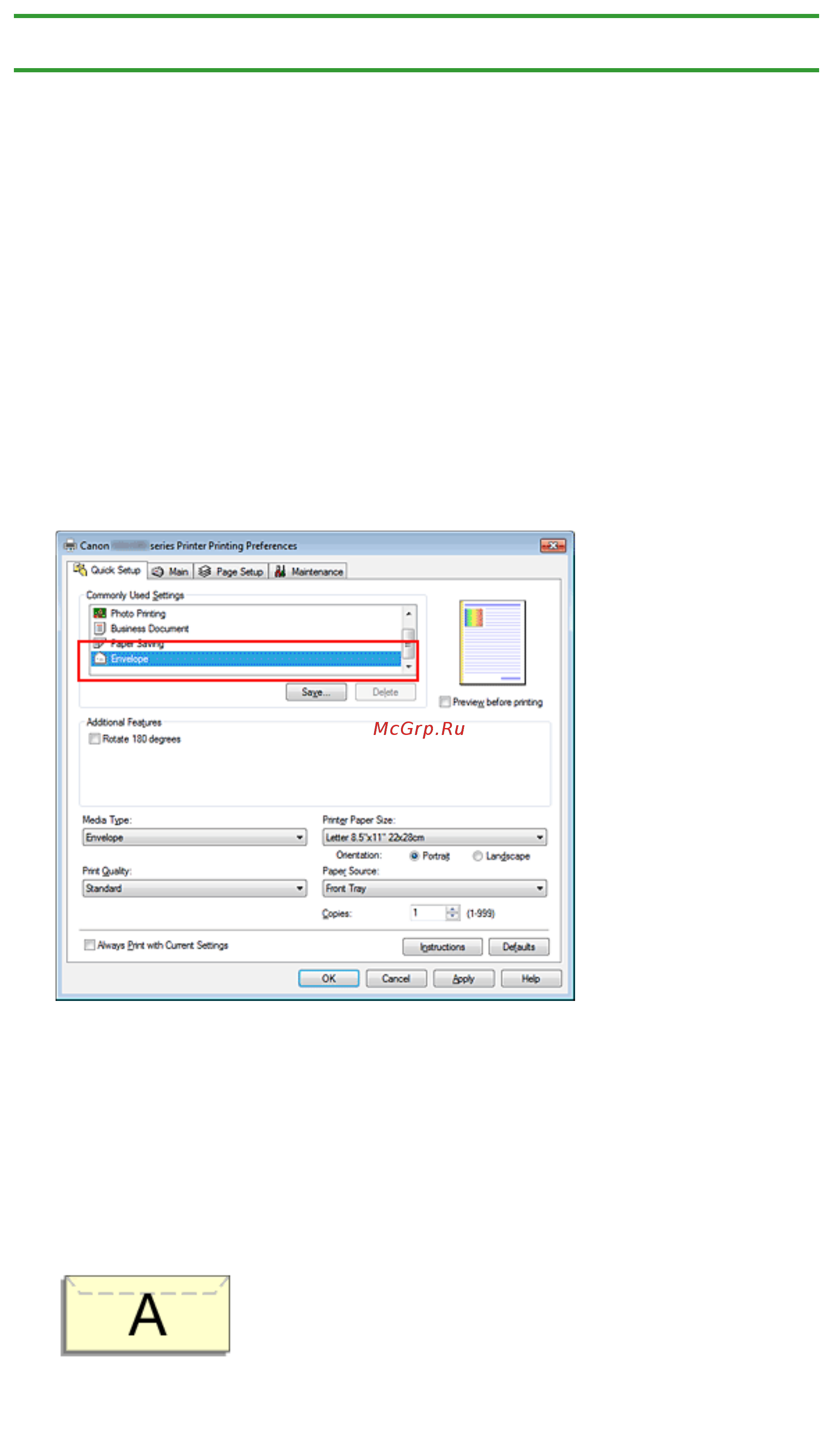 Canon Pixma MG2245 [327/780] Выберите конверт envelope в общеиспользуемые параметры commonly used settings на