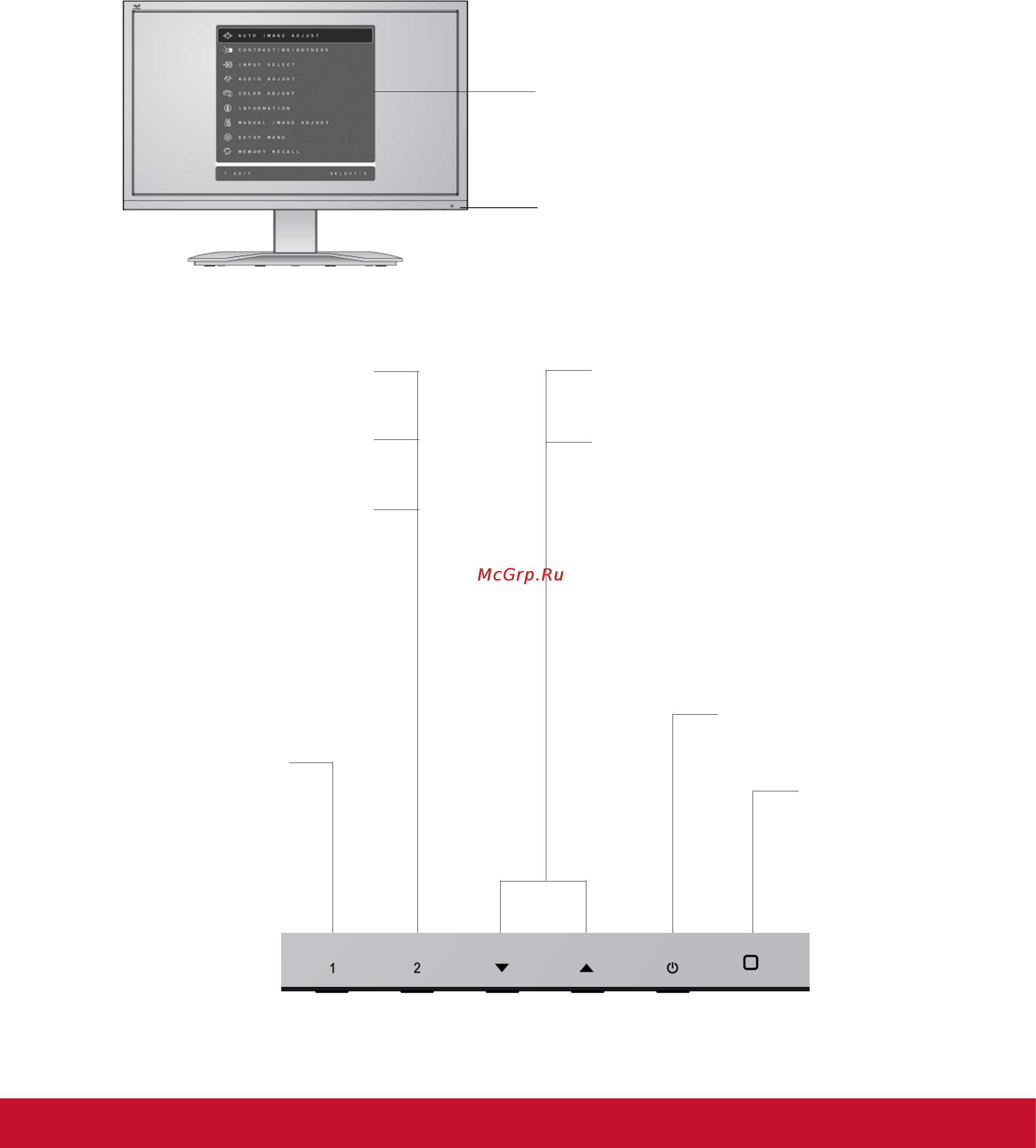Viewsonic VA2212M-LED [12/26] Вывод на экран и настройка регулировок osd осуществляются с помощью регулировок расположенных на передней панели управления объяснение действия регулировок osd приведено в верхней части следующей страницы а сами регулировки описаны в разделе регулировки в главном меню на стр 12
