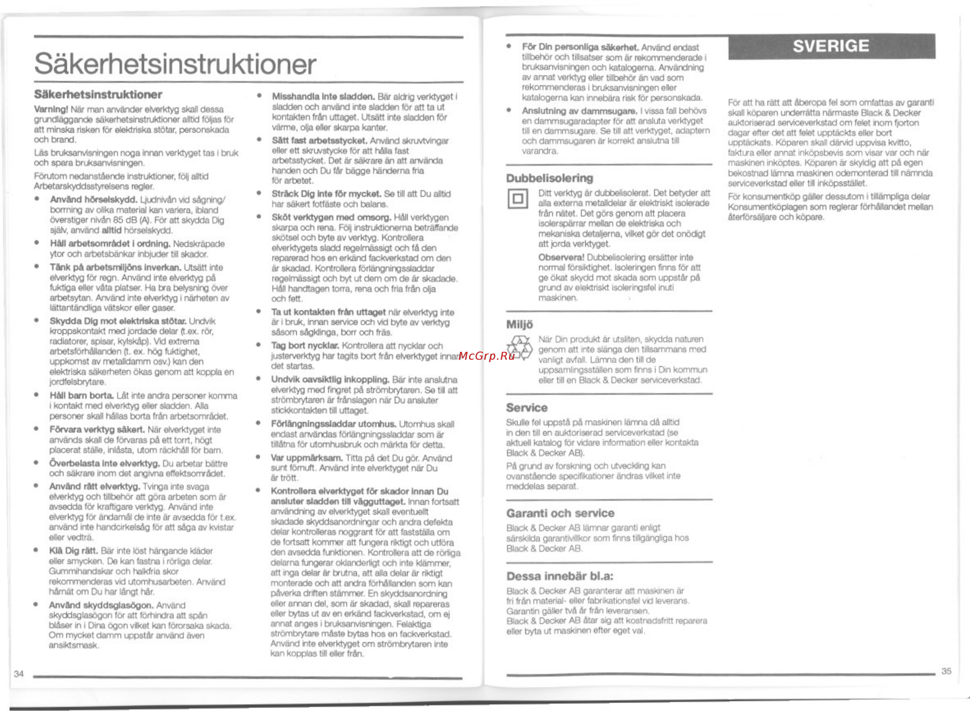 Black & Decker KX418E [18/19] Säkerhetsinstruktioner