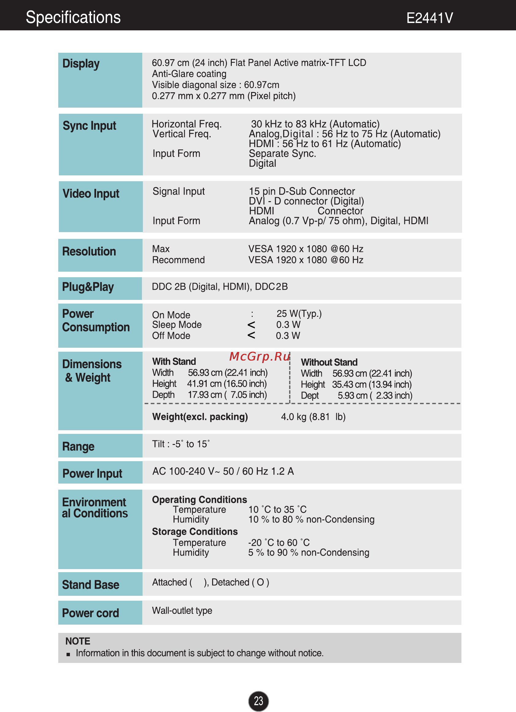 LG E2341VG [24/28] Specifications