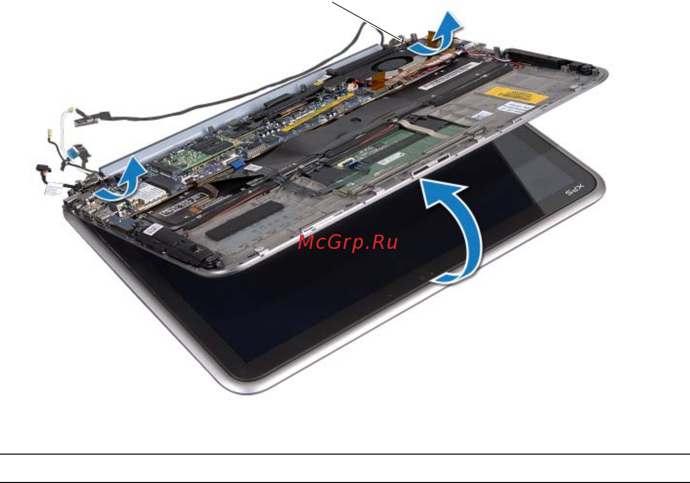 Dell XPS Duo 12 221x-6869 [50/76] Осторожно поднимите упор для рук в сборе под углом и сдвиньте его чтобы освободить язычки на упоре для рук от шарниров дисплея