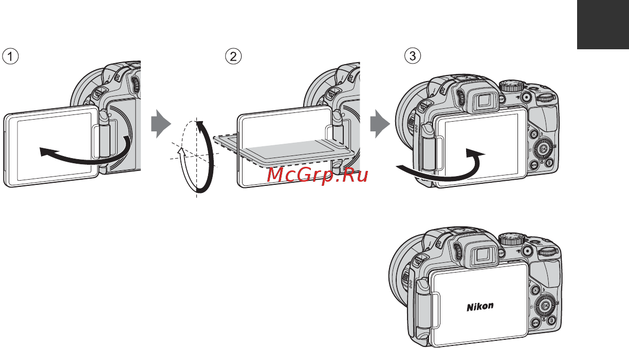 Nikon Coolpix P520 Black [25/244] Открывание и изменение угла монитора