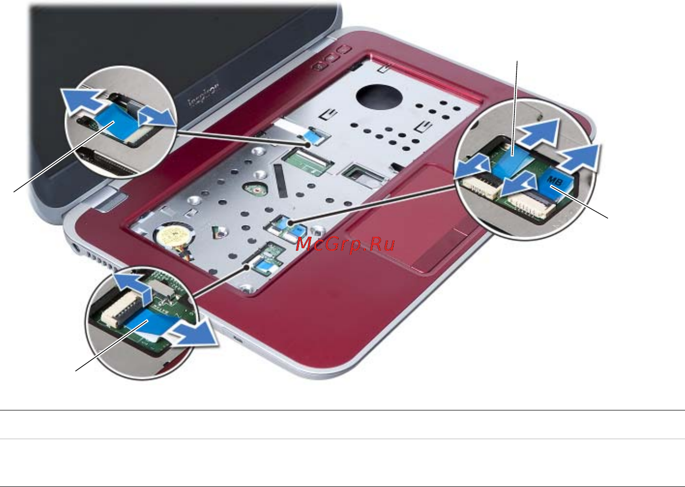 Dell Inspiron 5423 /5423-2831/ [27/94] Откройте защелки и потяните за язычок чтобы отсоединить кабели платы индикаторов состояния сенсорной панели индикатора состояния сенсорной панели и платы функциональных клавиш от разъемов на системной плате