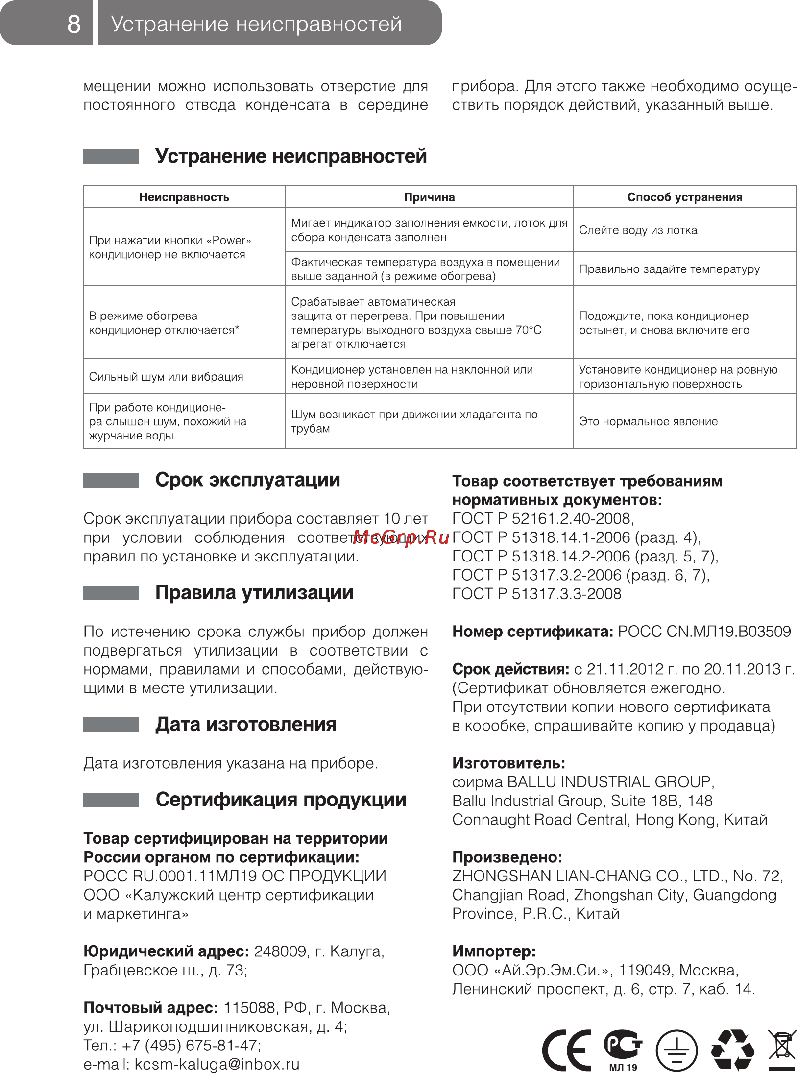 Ballu BPAM-09H [8/12] Устранение неисправностей