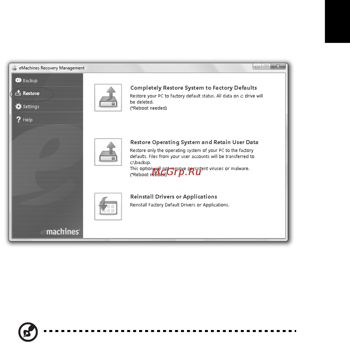E-Machines E642G [1205/1698] Restore atjaunošana