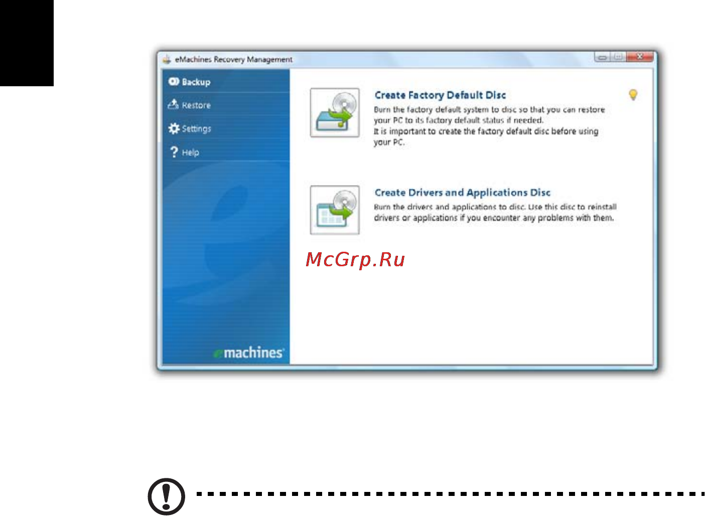 E-Machines eM350 [758/1299] Spuštění nástroje emachines recovery management