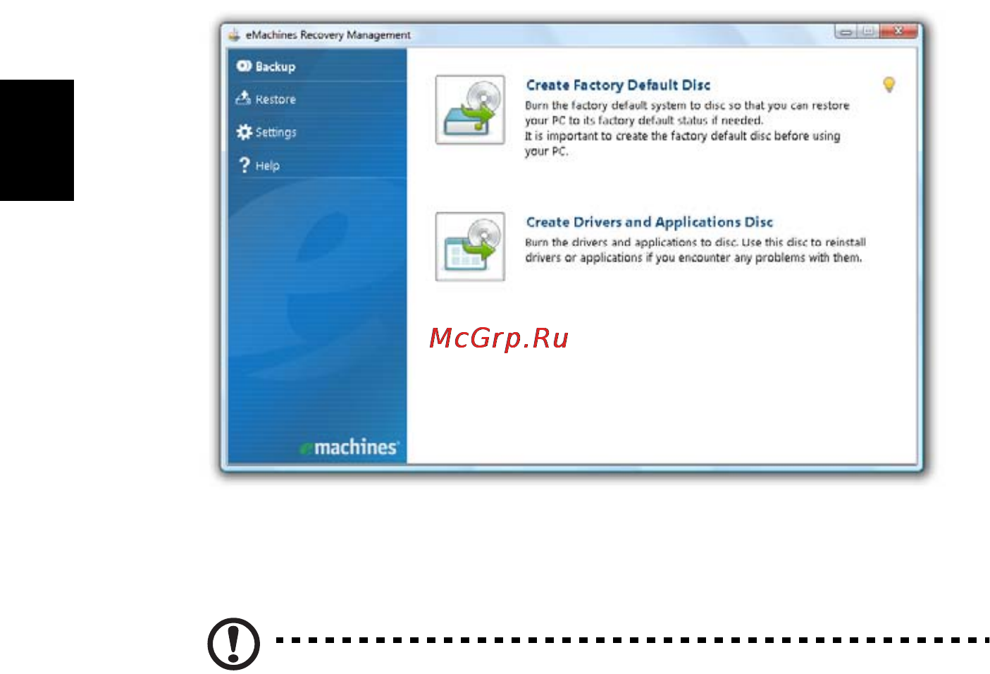 E-Machines eM350 [806/1299] Spustenie aplikácie emachines recovery management