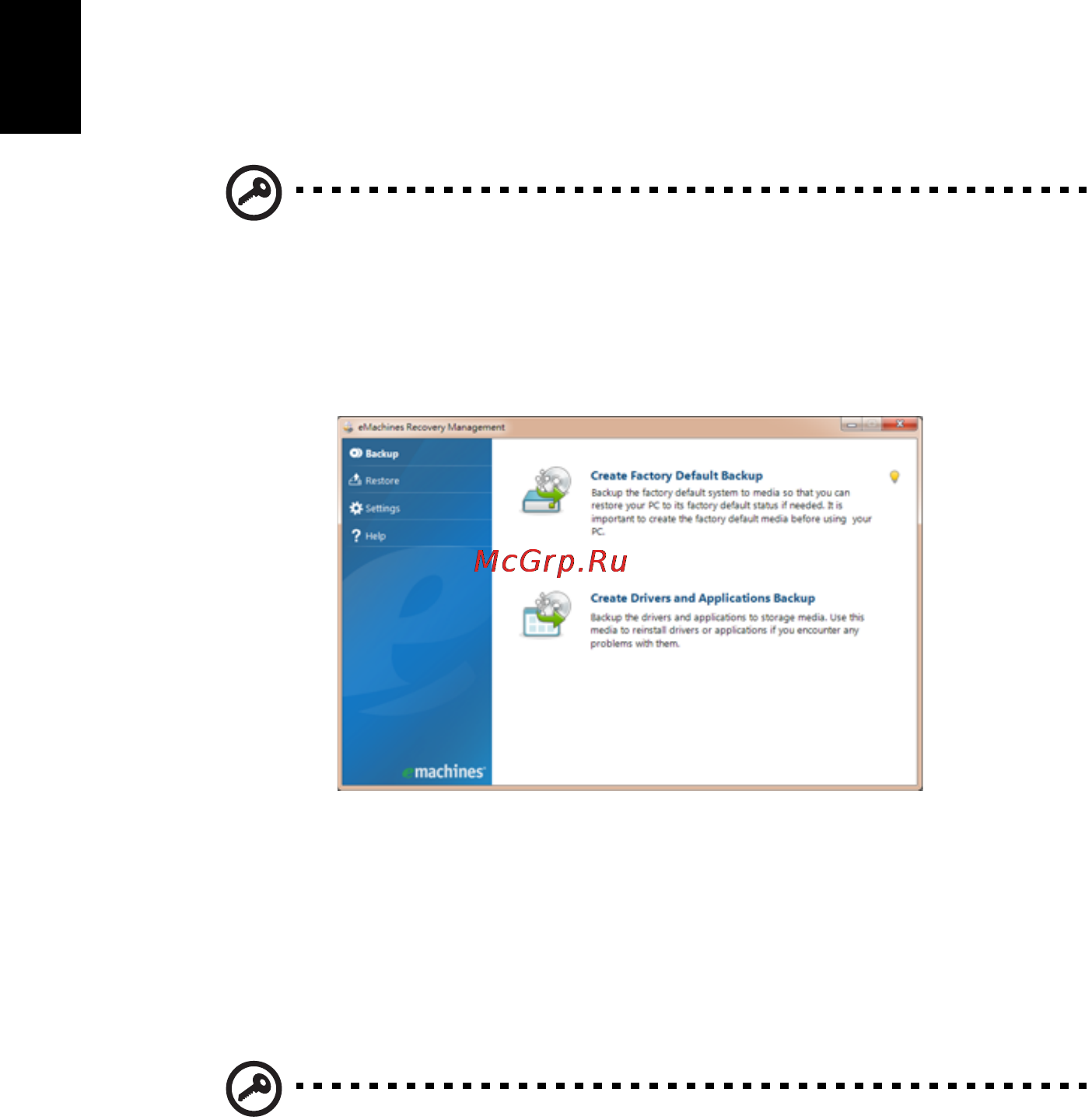 E-Machines eM355 [24/1913] Creating a recovery backup usb flash drive