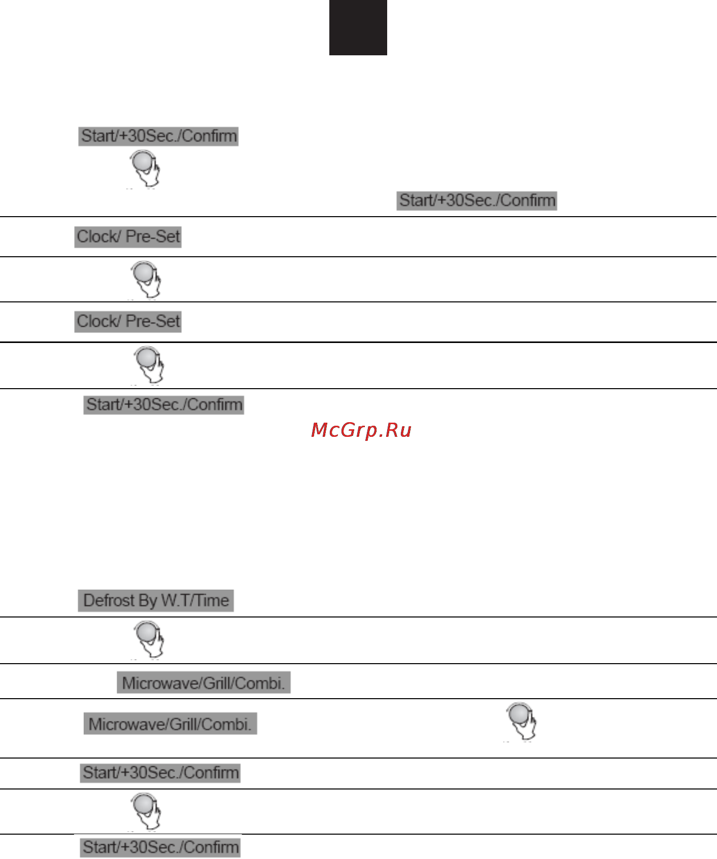 Candy MIC 201 EX [60/93] Pro zahájení vaření signál se ozve jednou pro první část a doba rozmrazování se bude odpočítávat signál zazní znovu po přechodu do druhé části vaření když vaření skončí signál se ozve pětkrát