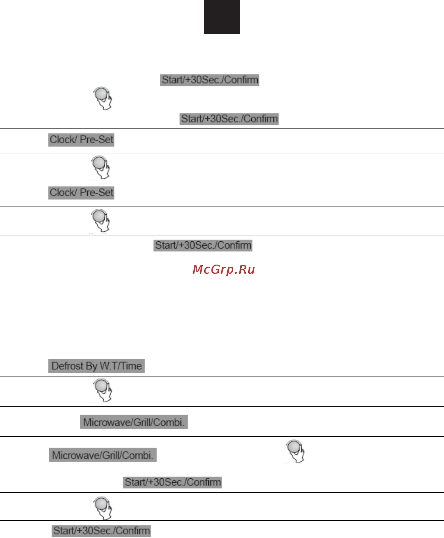 Candy MIC 201 EX [75/93] Чтобы начать приготовление звуковой сигнал прозвучит один раз в начале первого этапа и начнется обратный отсчет времени размораживания в начале второго этапа приготовления звуковой сигнал прозвучит еще раз а при завершении приготовления пять раз