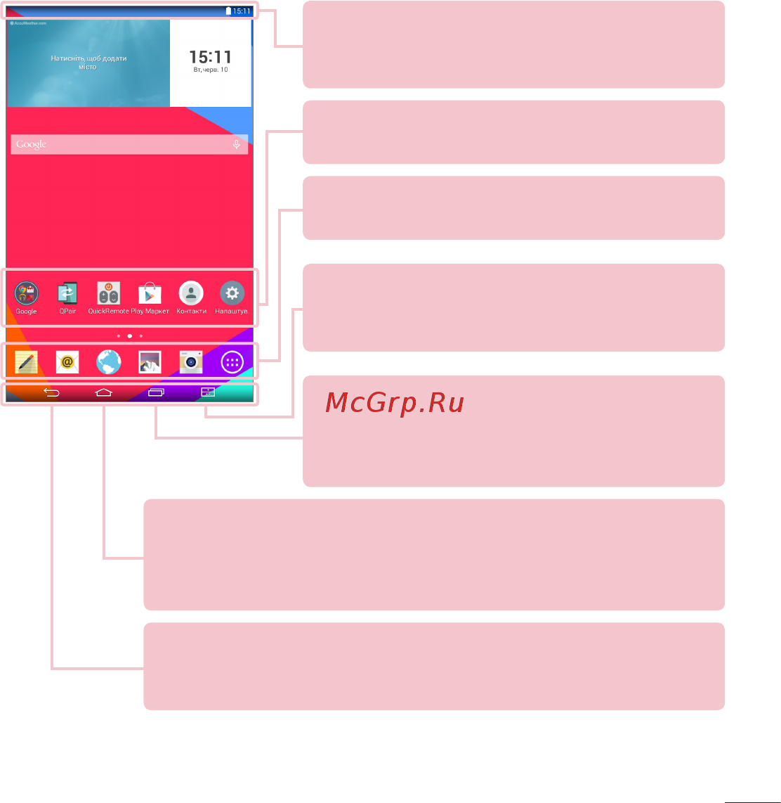 LG V400 G Pad 7.0 [153/464] Швидкіклавішірозташовуютьсявнизуголовногоекранайзабезпечують простийдоступоднимнатисненнямдофункцій яківикористовуються найчастіше
