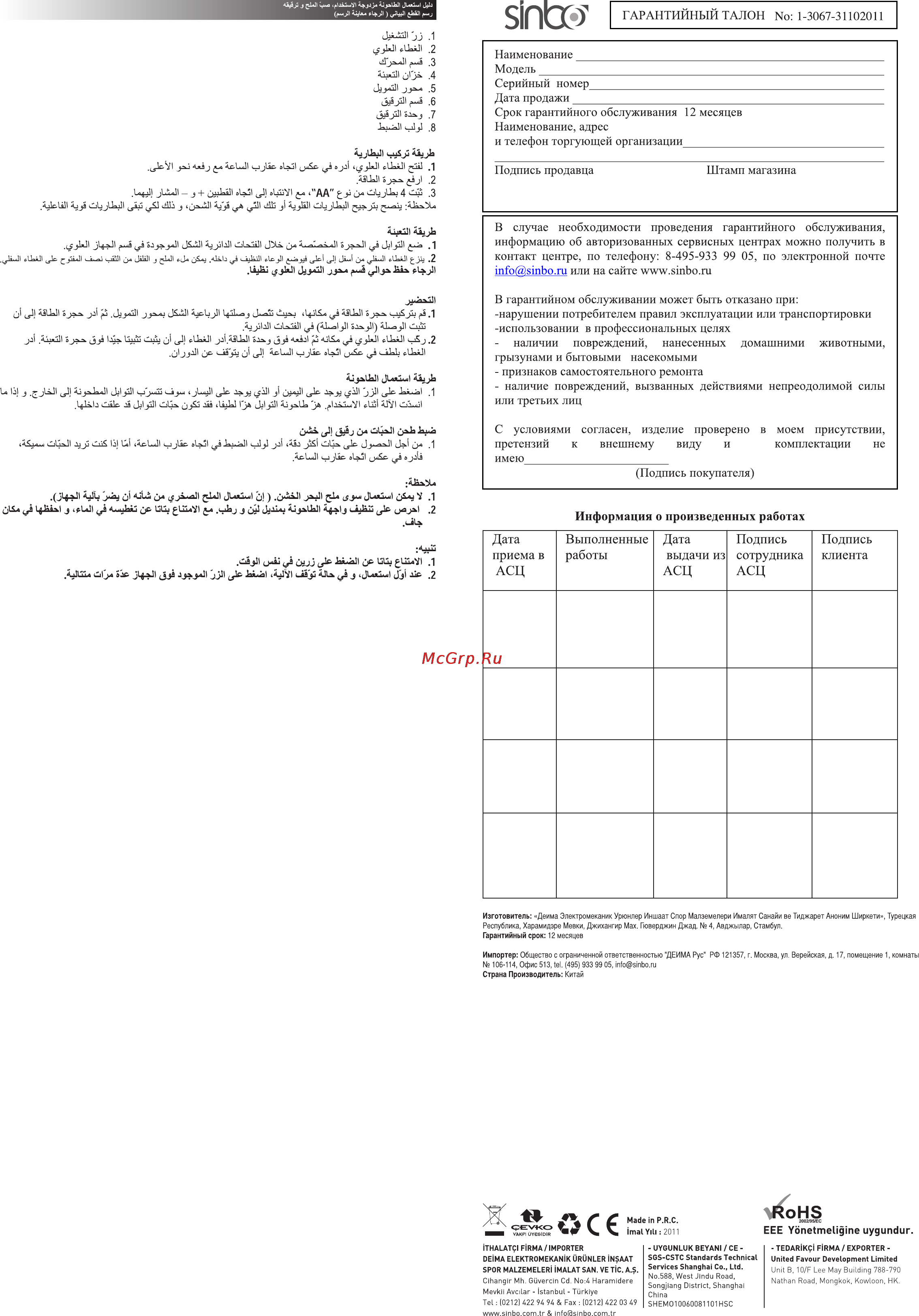 Sinbo SHB-3067 [2/2] Выполненные работы