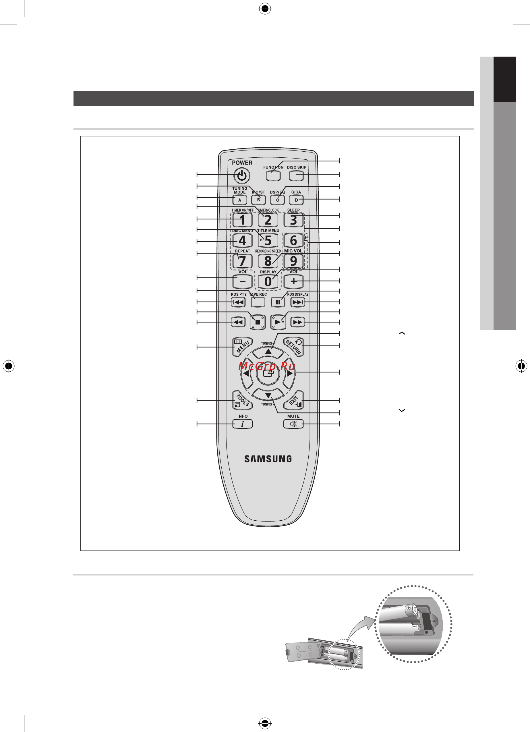 Samsung MX-F730DB [11/38] Устанавливая батареи в пульт дистанционного управления соблюдайте полярность к и к всегда заменяйте одновременно обе батареи не подвергайте батареи воздействию высоких температур и огня пульт дистанционного управления можно использовать на расстоянии до 7 метров по прямой линии