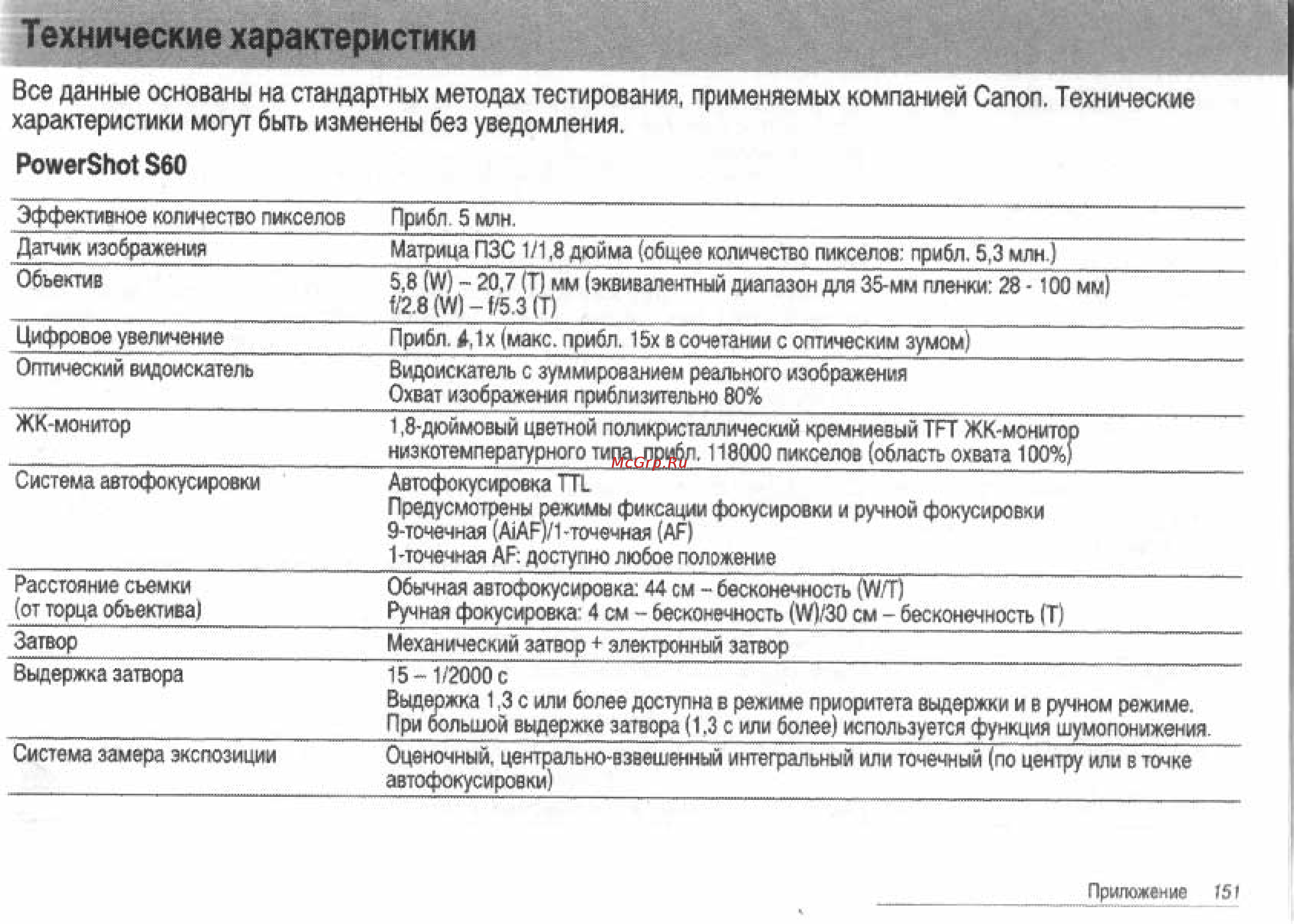 Canon POWERSHOT S60 [153/172] Технические характеристики