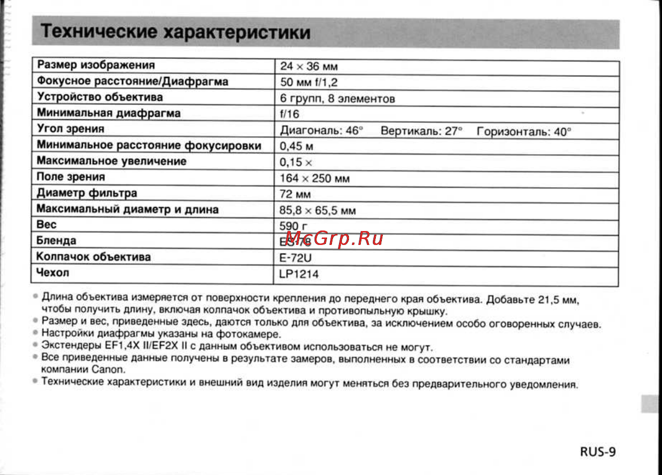 Canon EF50 [10/11] Технические характеристики