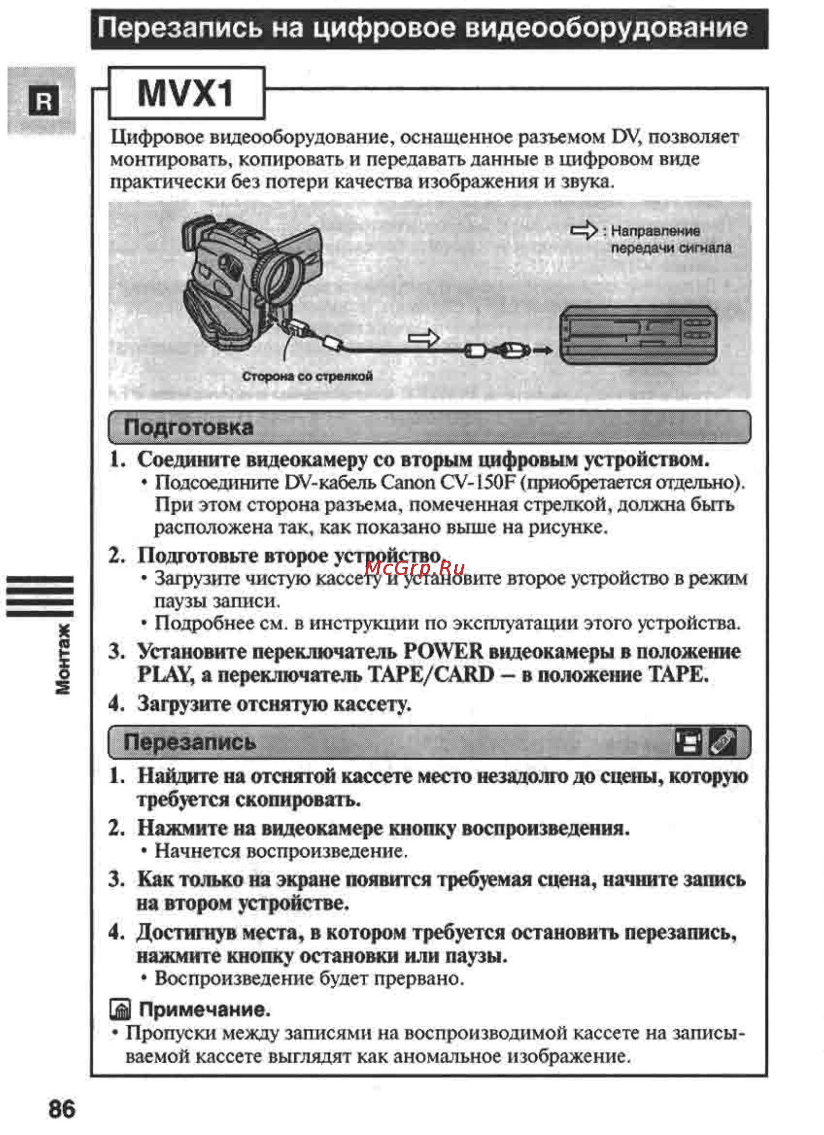 Canon MVX1 [86/161] Перезапись на цифровое видеооборудование
