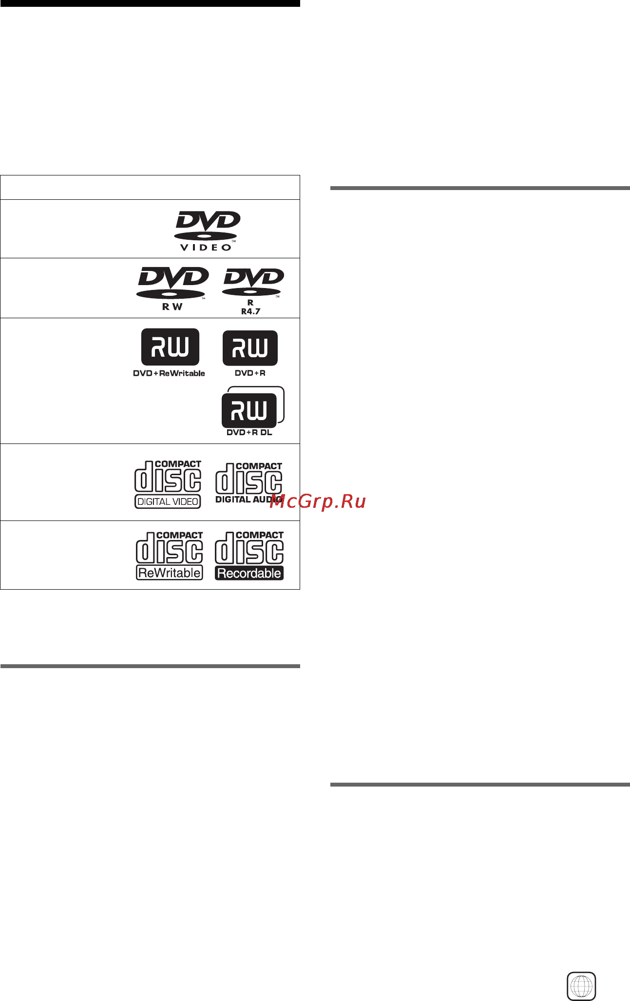 Sony DVP-K56P [7/88] L1 íà äàííîì ï²îèã²ûâàòåëå ìîæíî âîñï²îèçâîäèòü ñëåäó ùèå äèñêè
