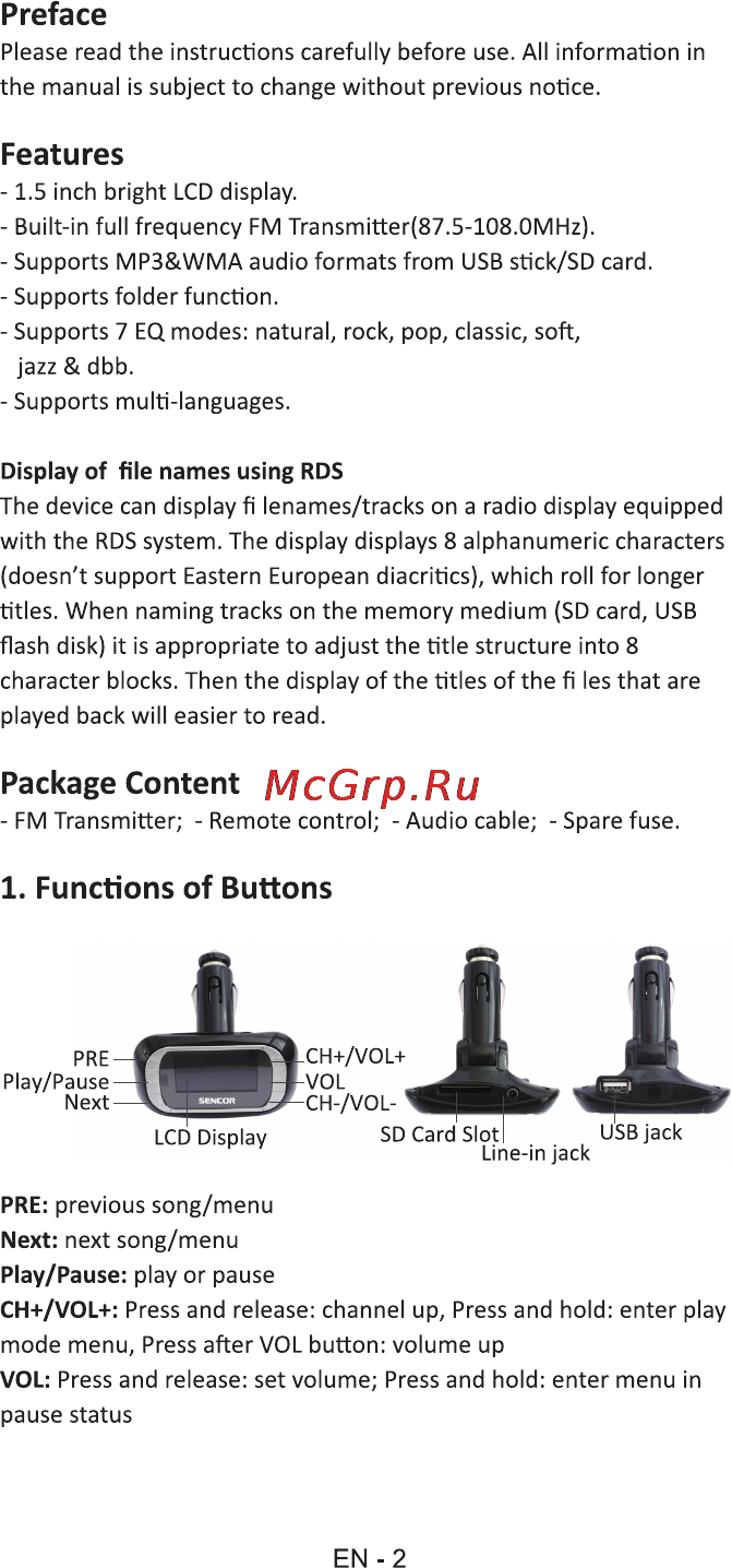 Sencor SWM 170 RDS [2/5] Functions of buttons
